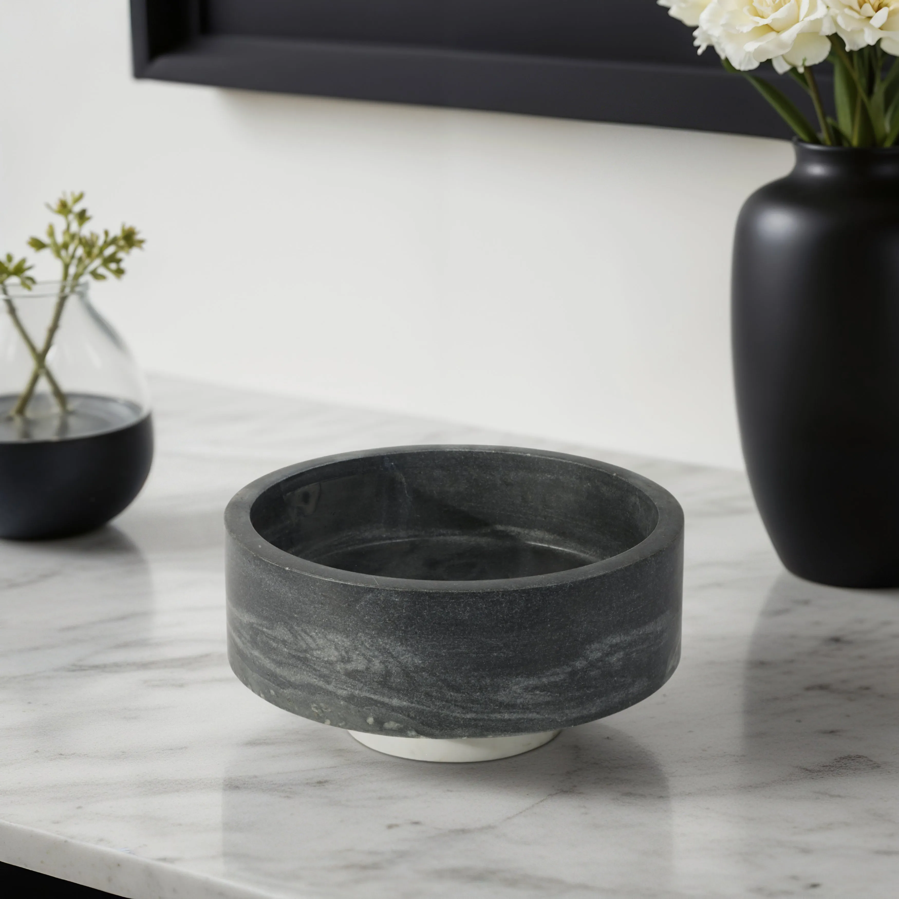 12" Satine White & Black Marble Bowl