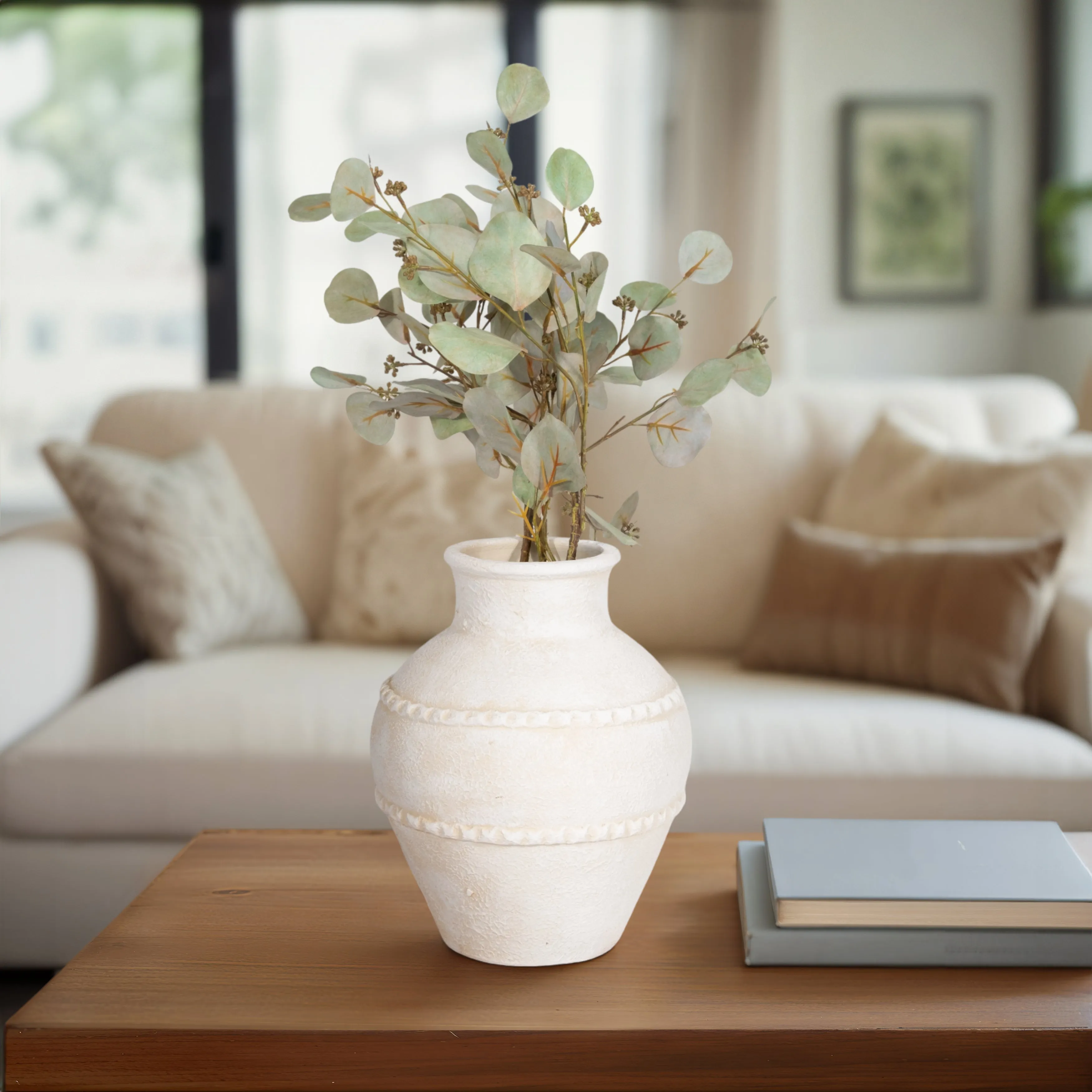 12" Traditional Textured Terracotta Vase, Ivory