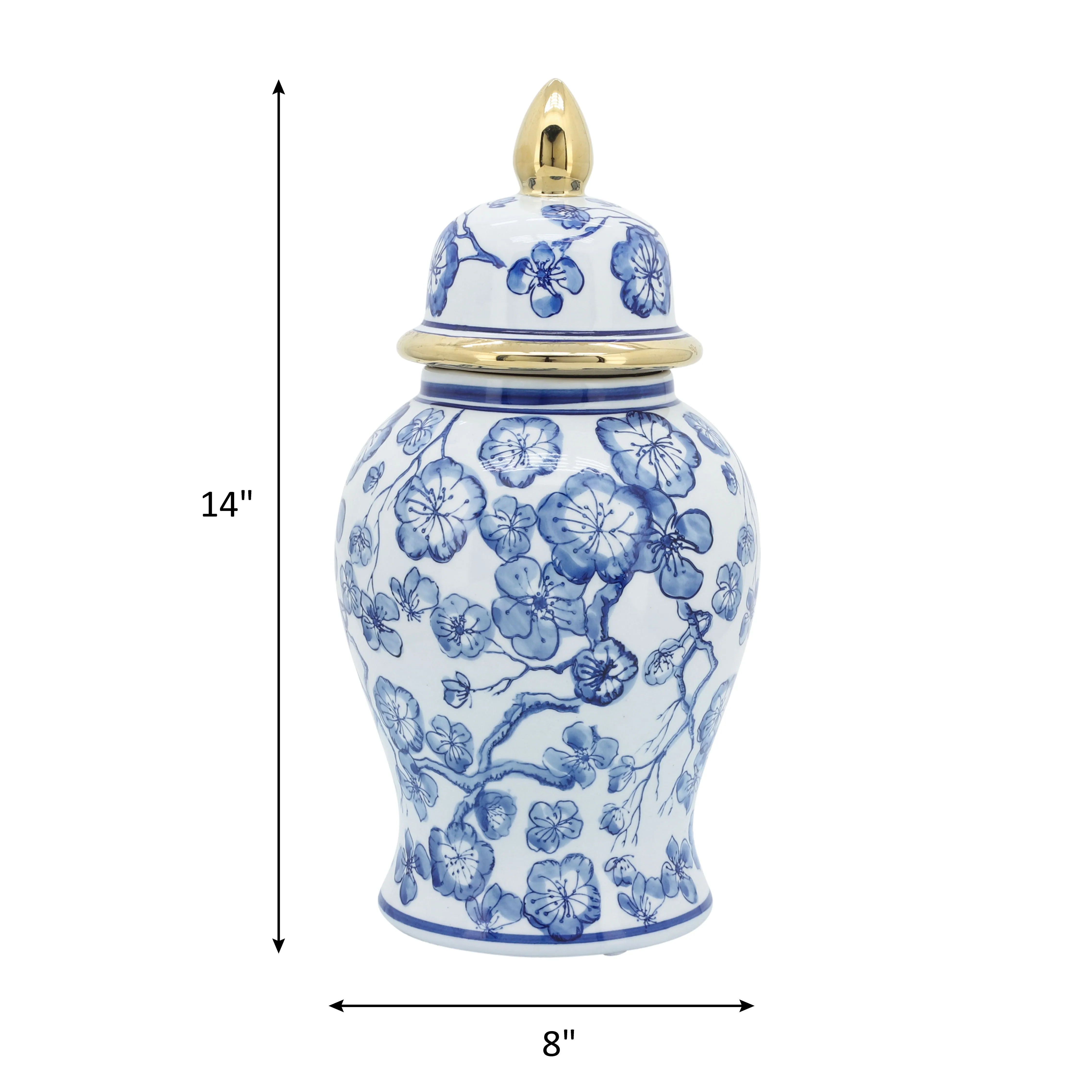14" TEMPLE JAR W/ HIBISCUS, BLUE & WHITE