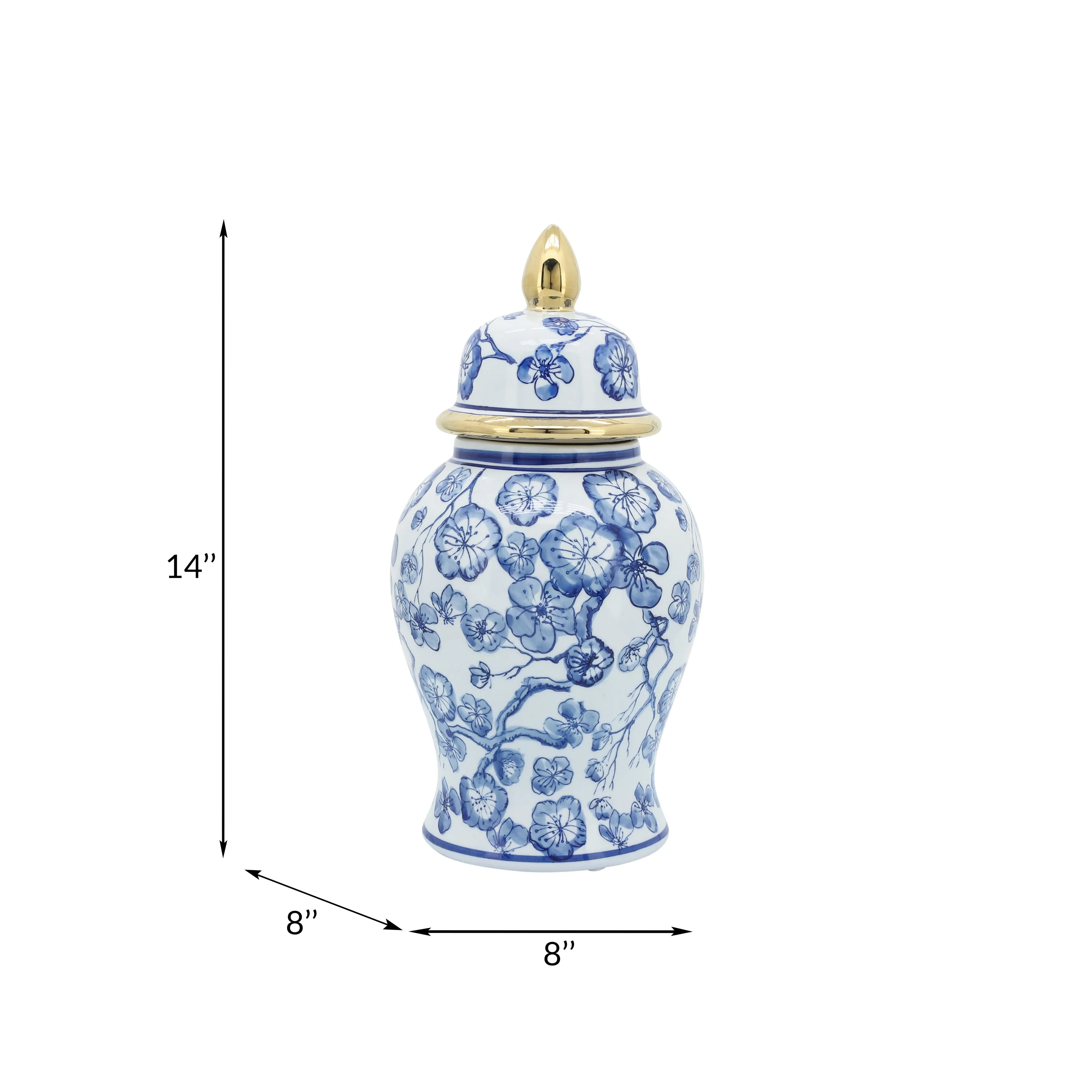 14" TEMPLE JAR W/ HIBISCUS, BLUE & WHITE