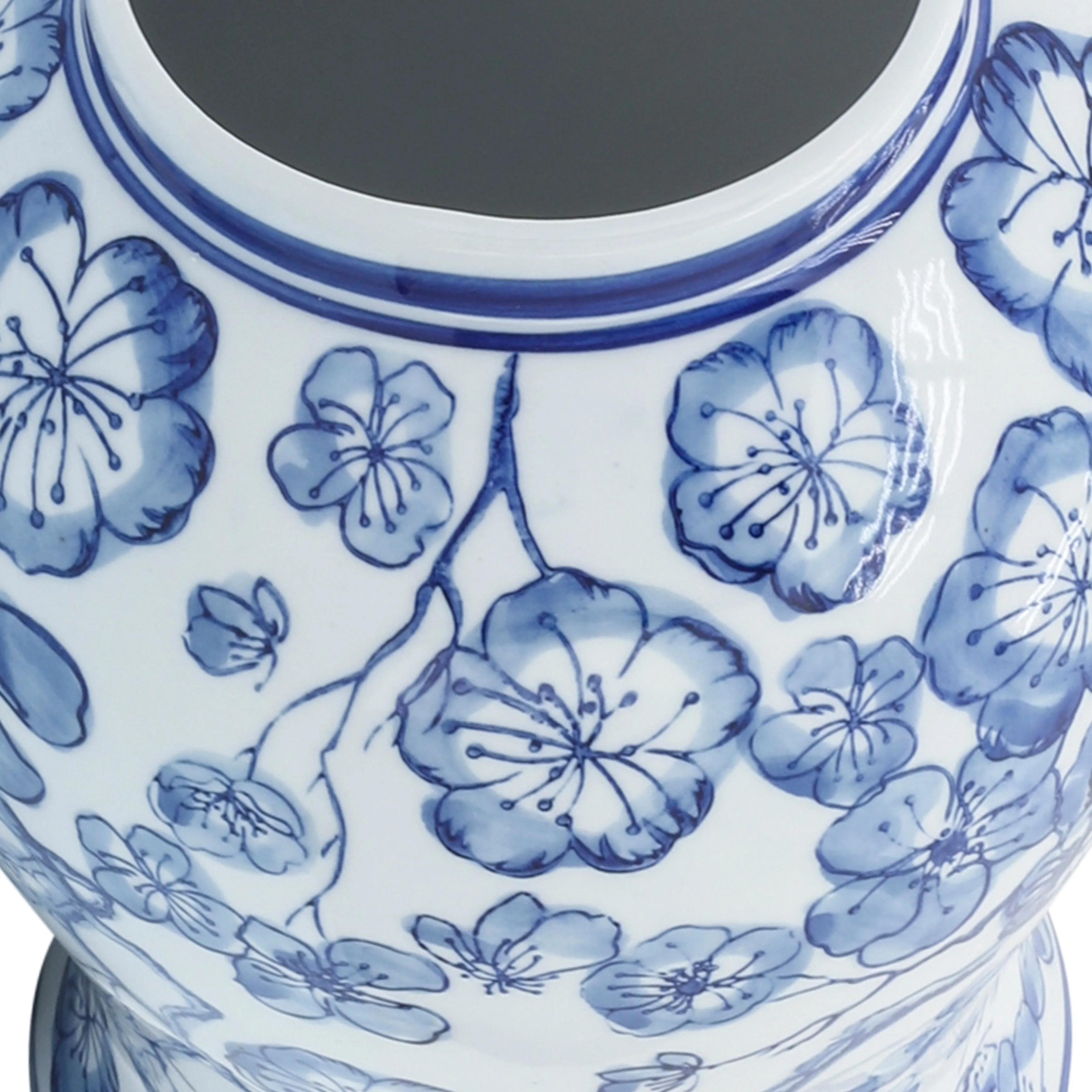 14" TEMPLE JAR W/ HIBISCUS, BLUE & WHITE