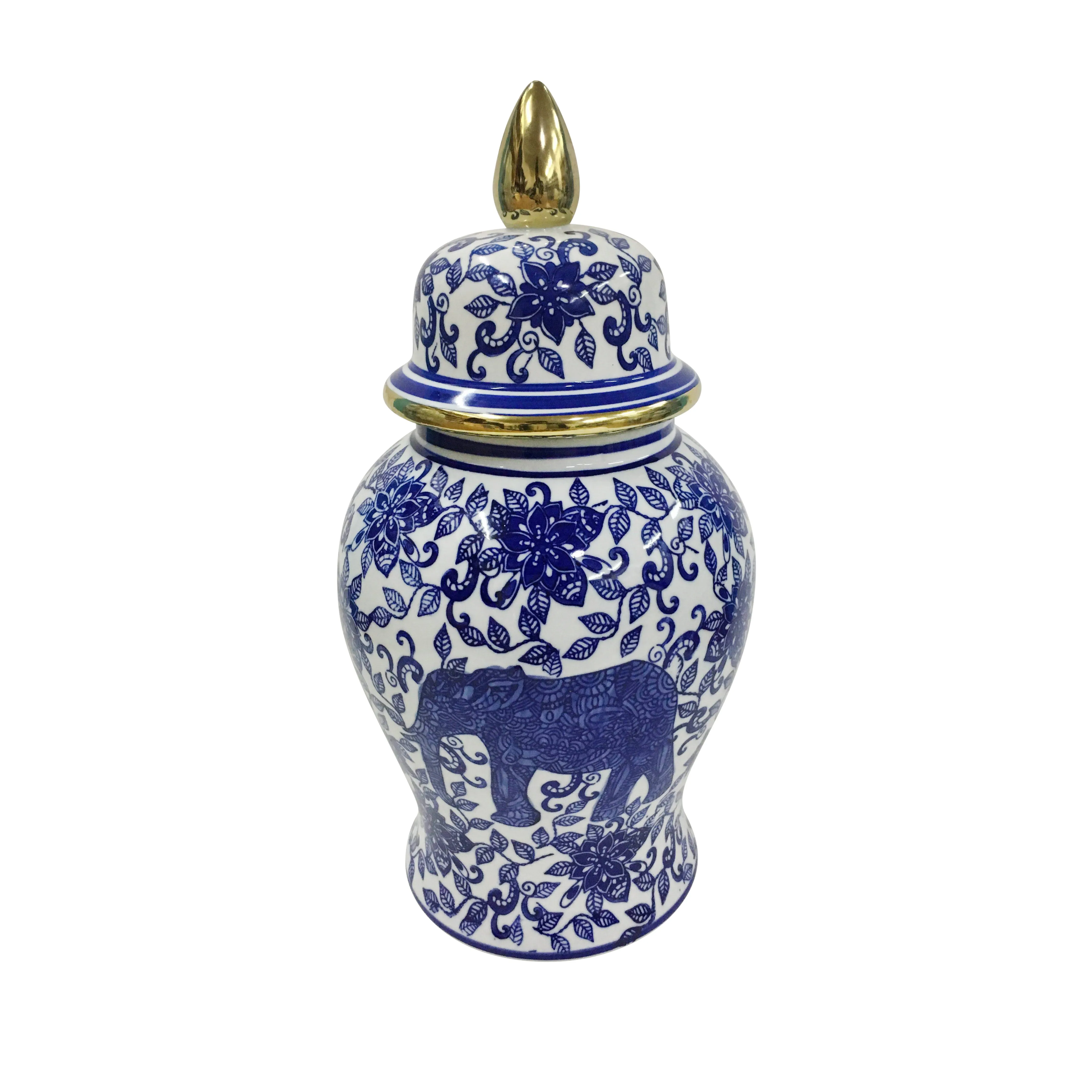 14" TEMPLE JAR W/ELEPHANT, BLUE & WHITE
