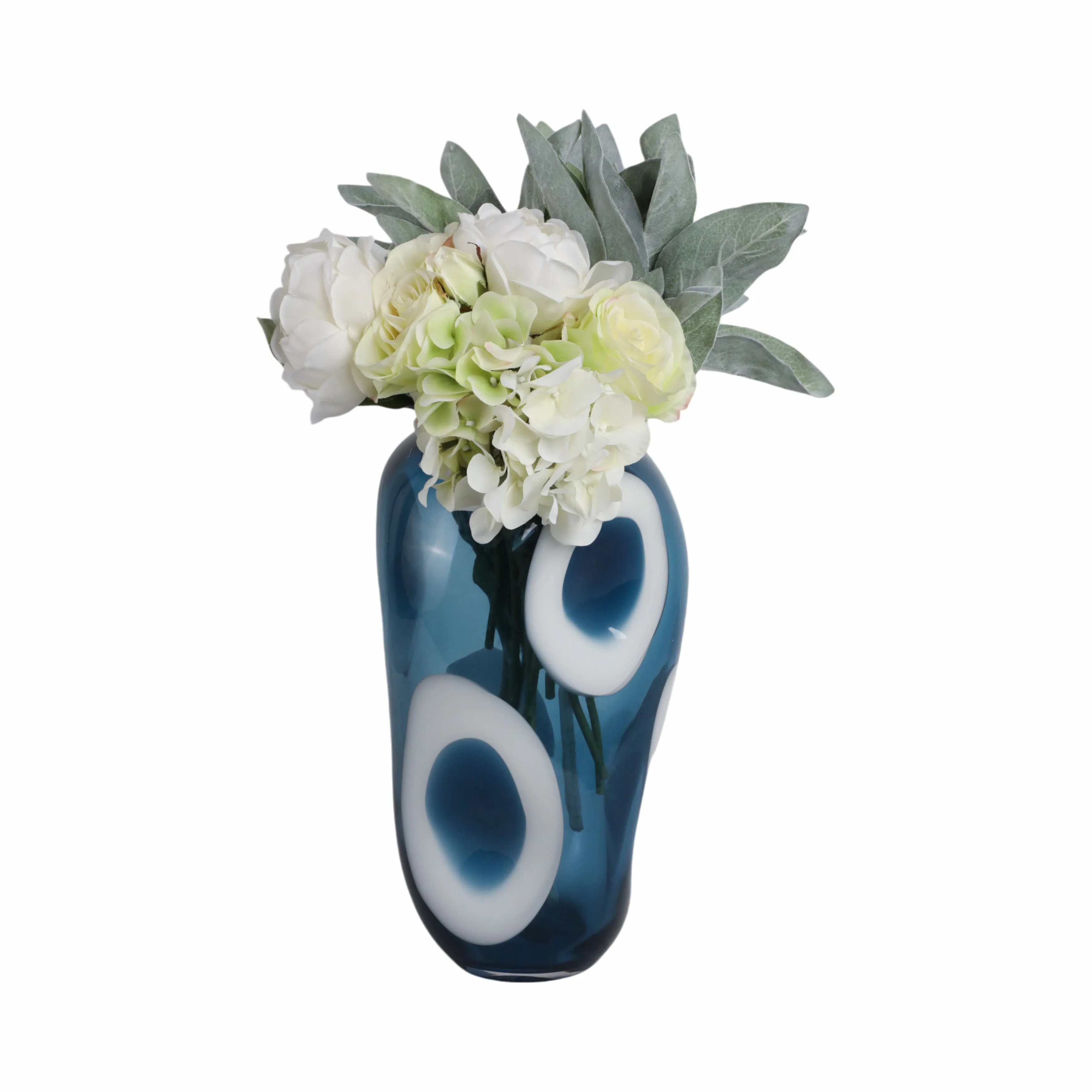 14x8" Curvy Polka Dot Glass Vase, Blue/white