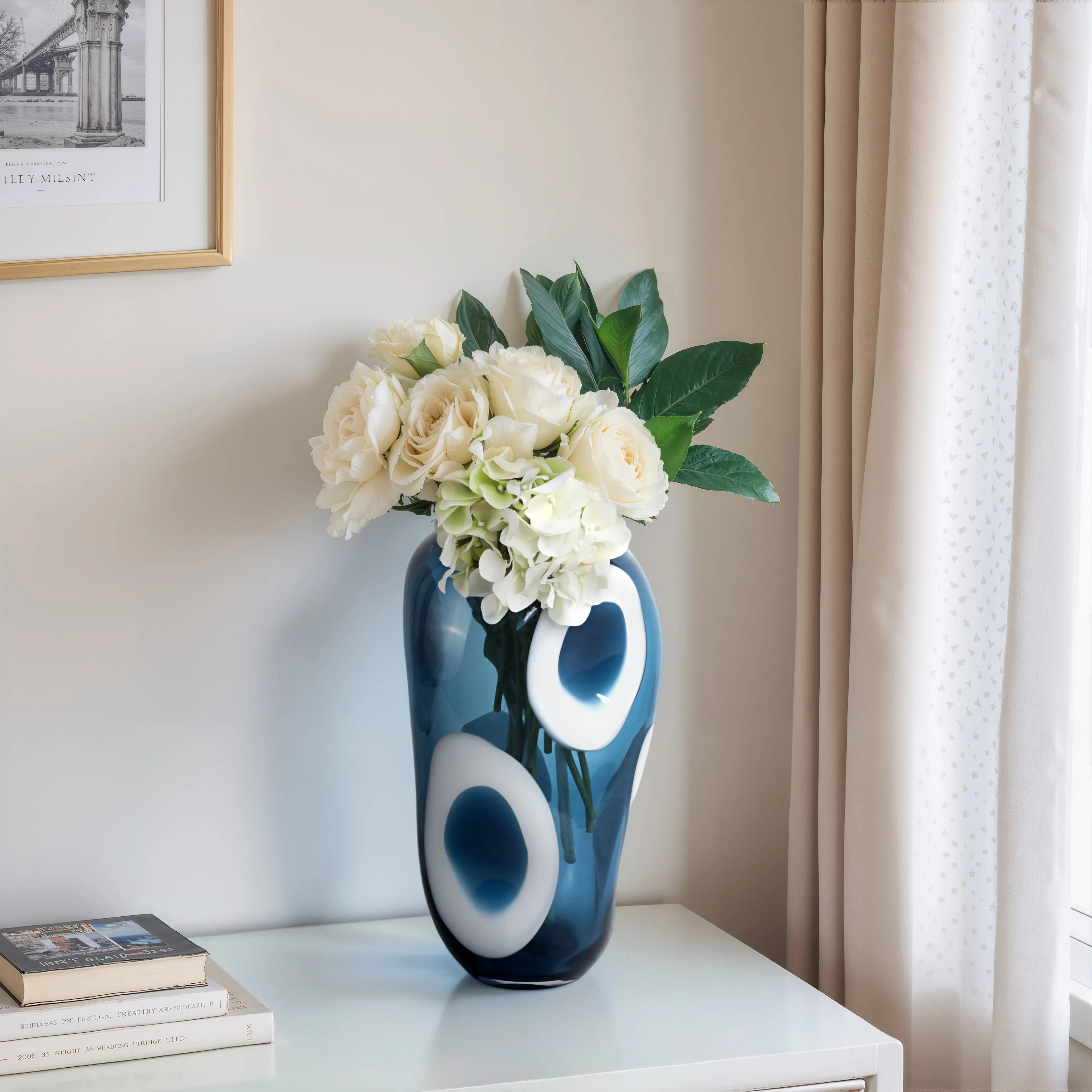 14x8" Curvy Polka Dot Glass Vase, Blue/white
