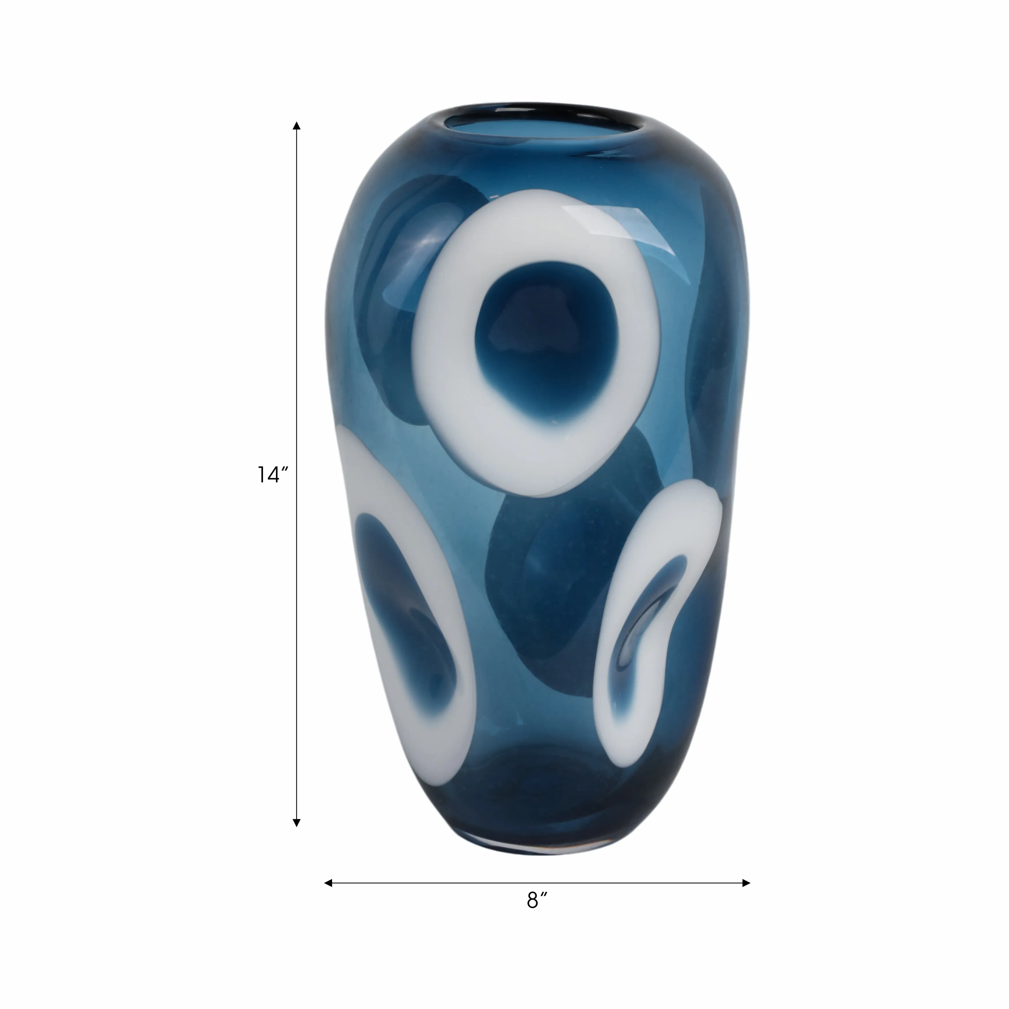 14x8" Curvy Polka Dot Glass Vase, Blue/white