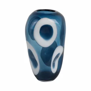 14x8" Curvy Polka Dot Glass Vase, Blue/white
