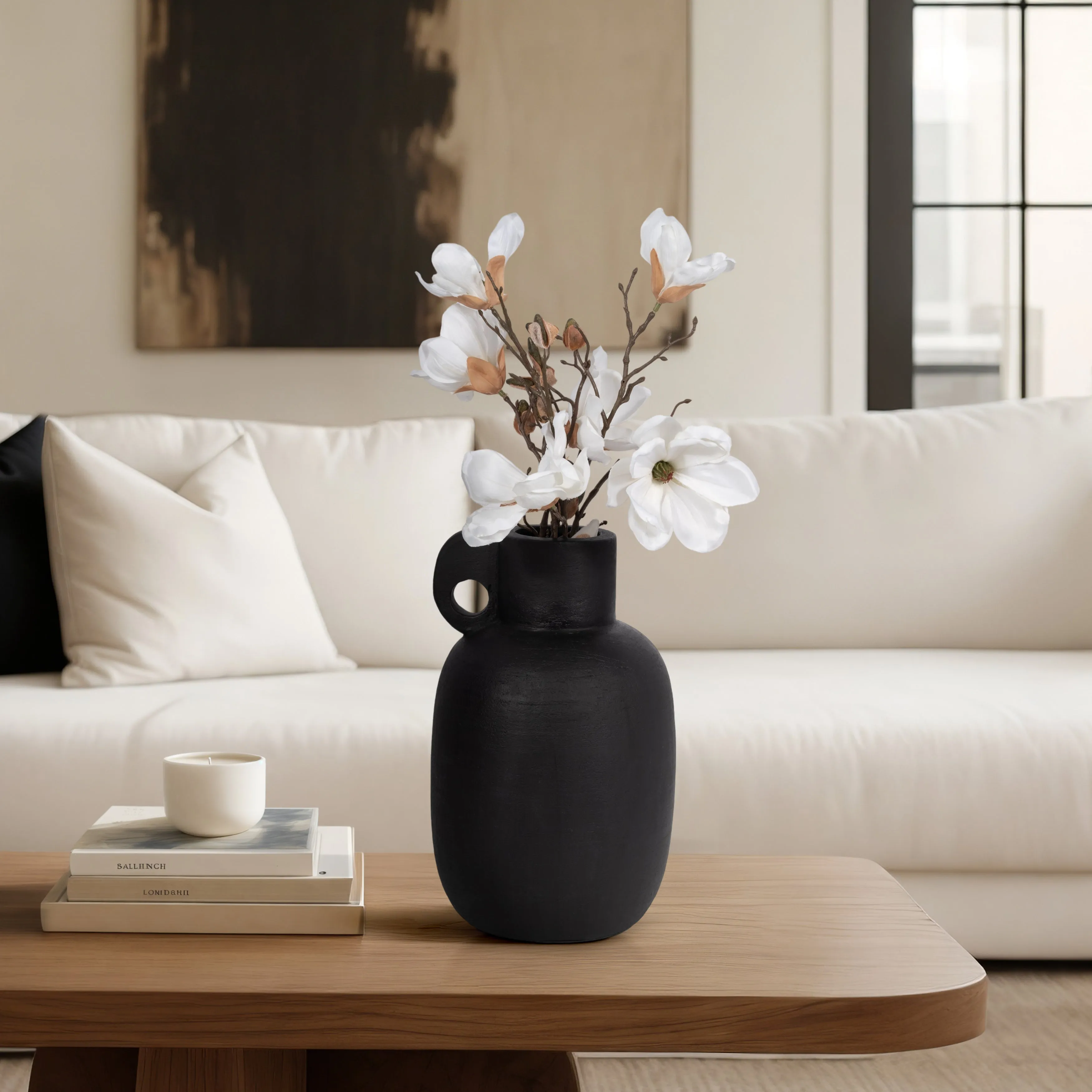 15" Modern Terracotta Jug Vase W/handle, Black