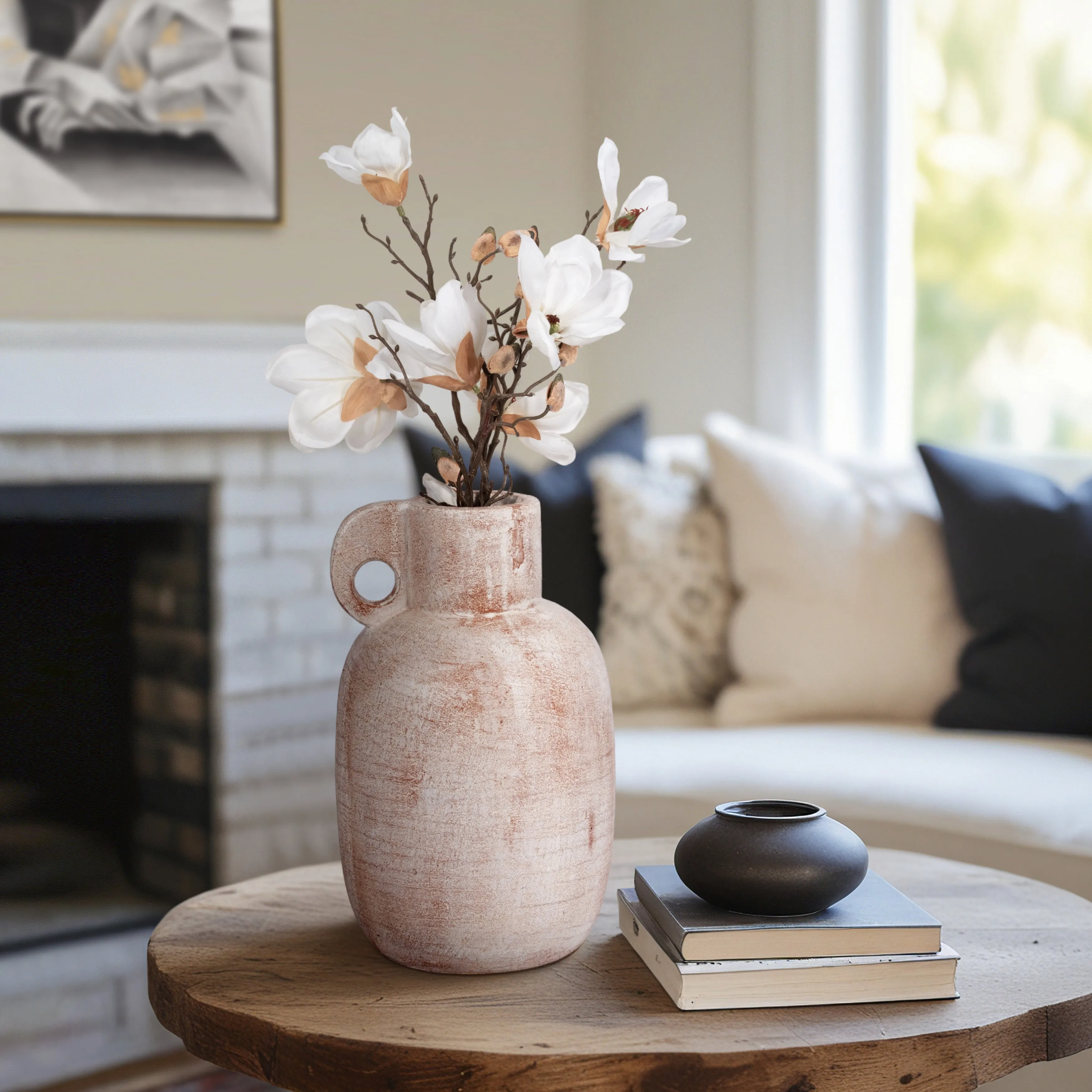 15" Modern Terracotta Jug Vase W/handle, Ivory