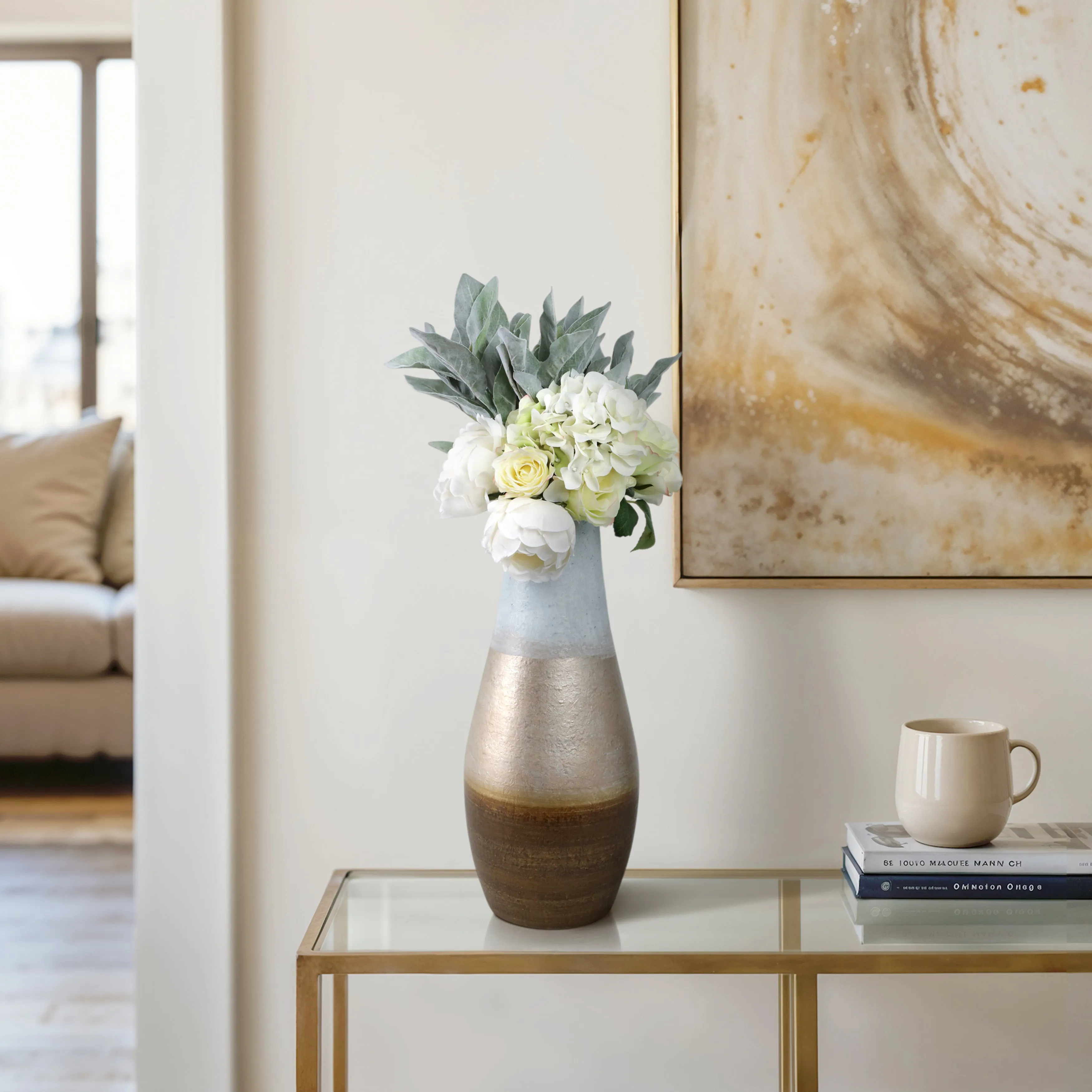 18" Gold Ombre Metal Hourglass Vase, White/gold