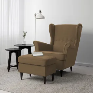 2 Pieces Linen Chair king with Two Wings And FootStool - Brown - E3