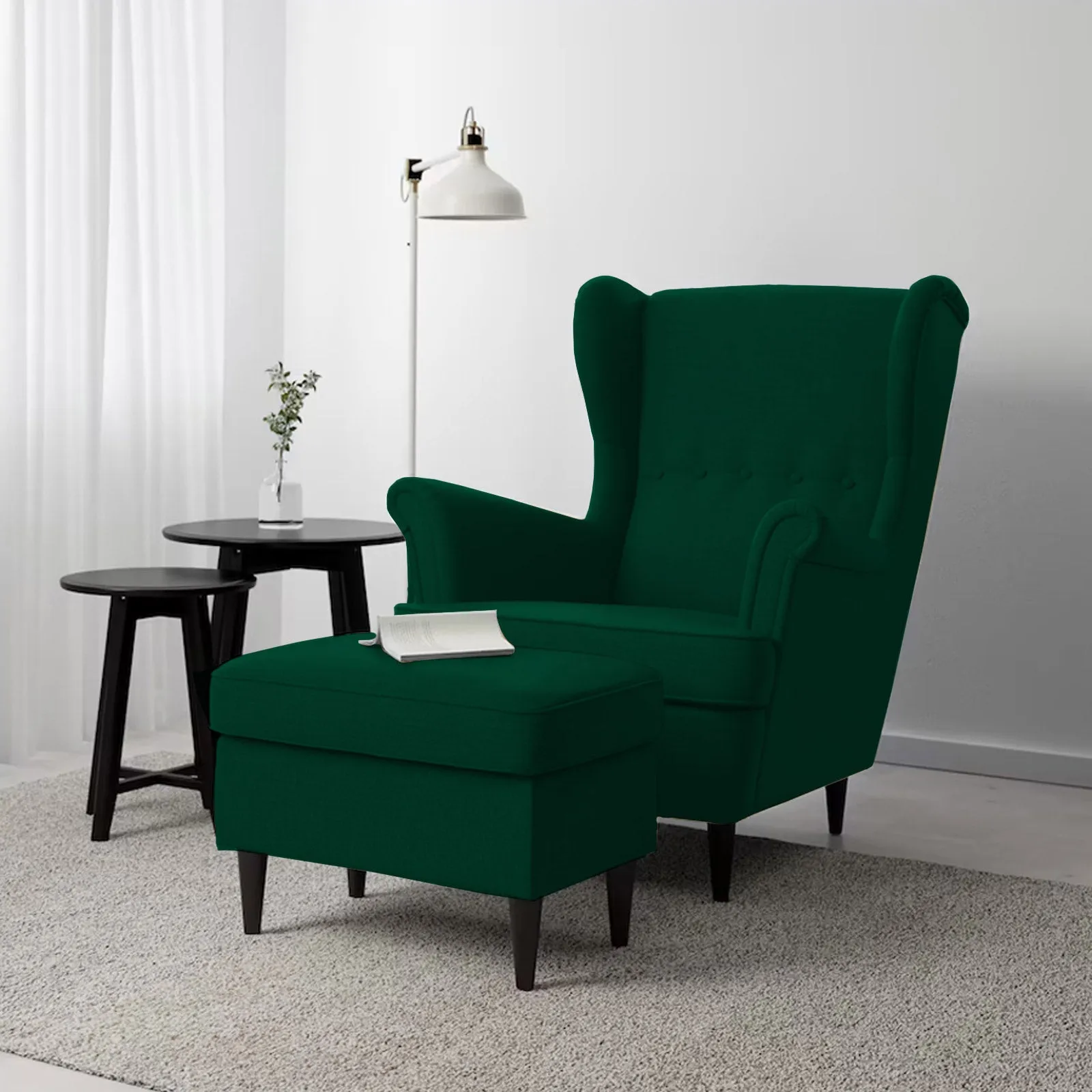 2 Pieces Linen Chair king with Two Wings And FootStool - Dark Green - E3
