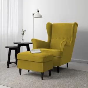 2 Pieces Velvet Chair king with Two Wings And FootStool - Gold - E3