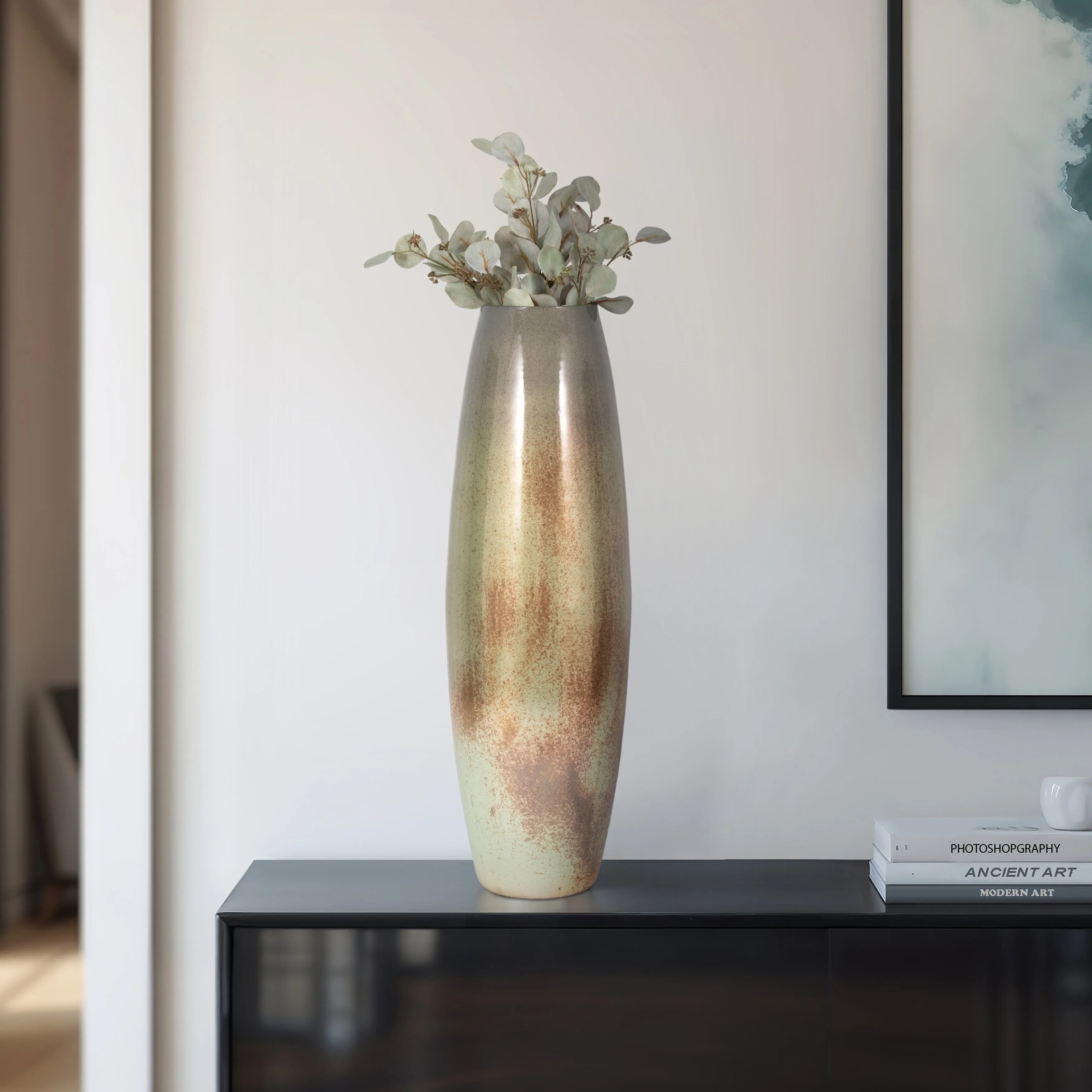 31" Curved Glass Vase Green Mercury Ombre, Multi