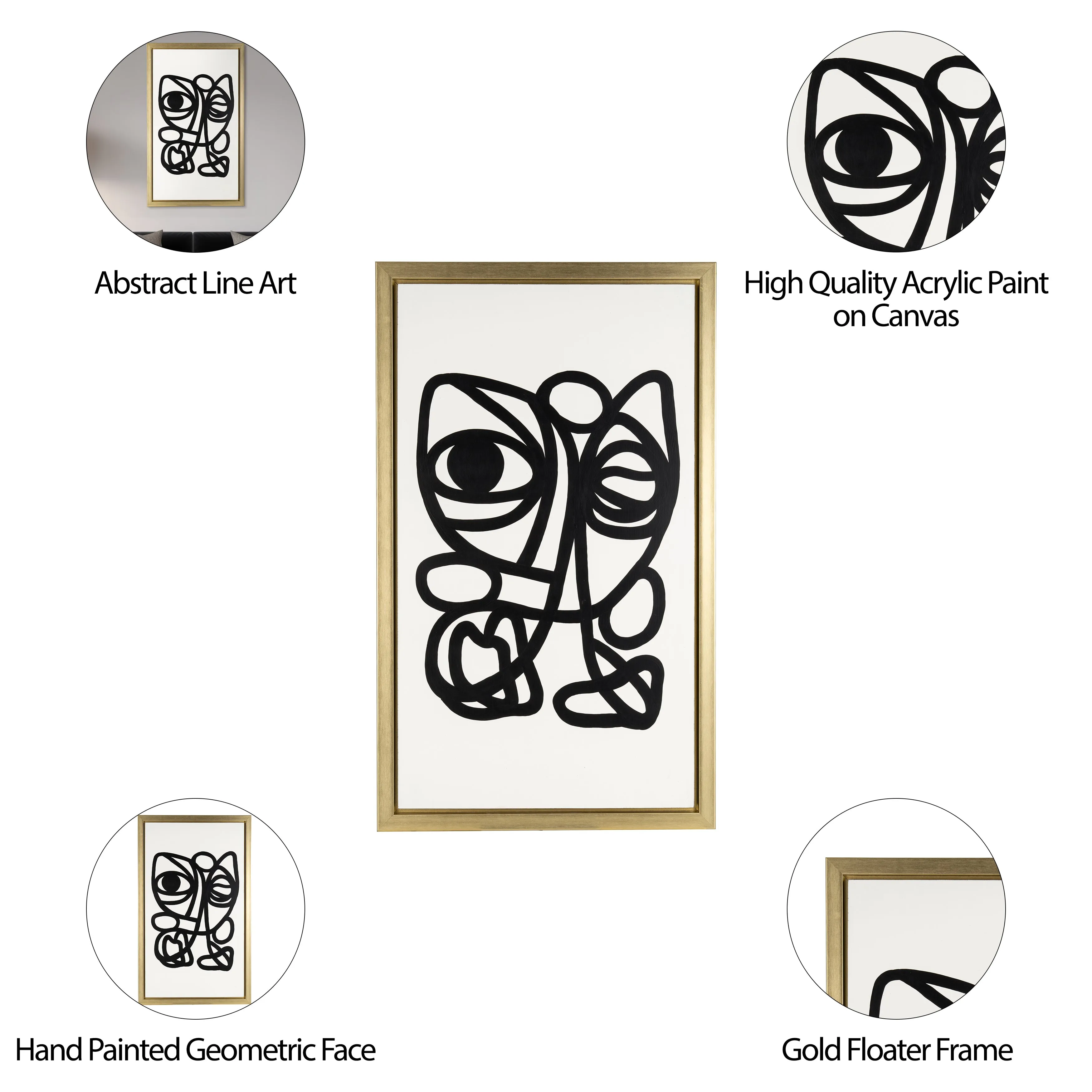 35X59, HAND PAINTED GOLD FRAME GEOMETRIC FACE, BLK