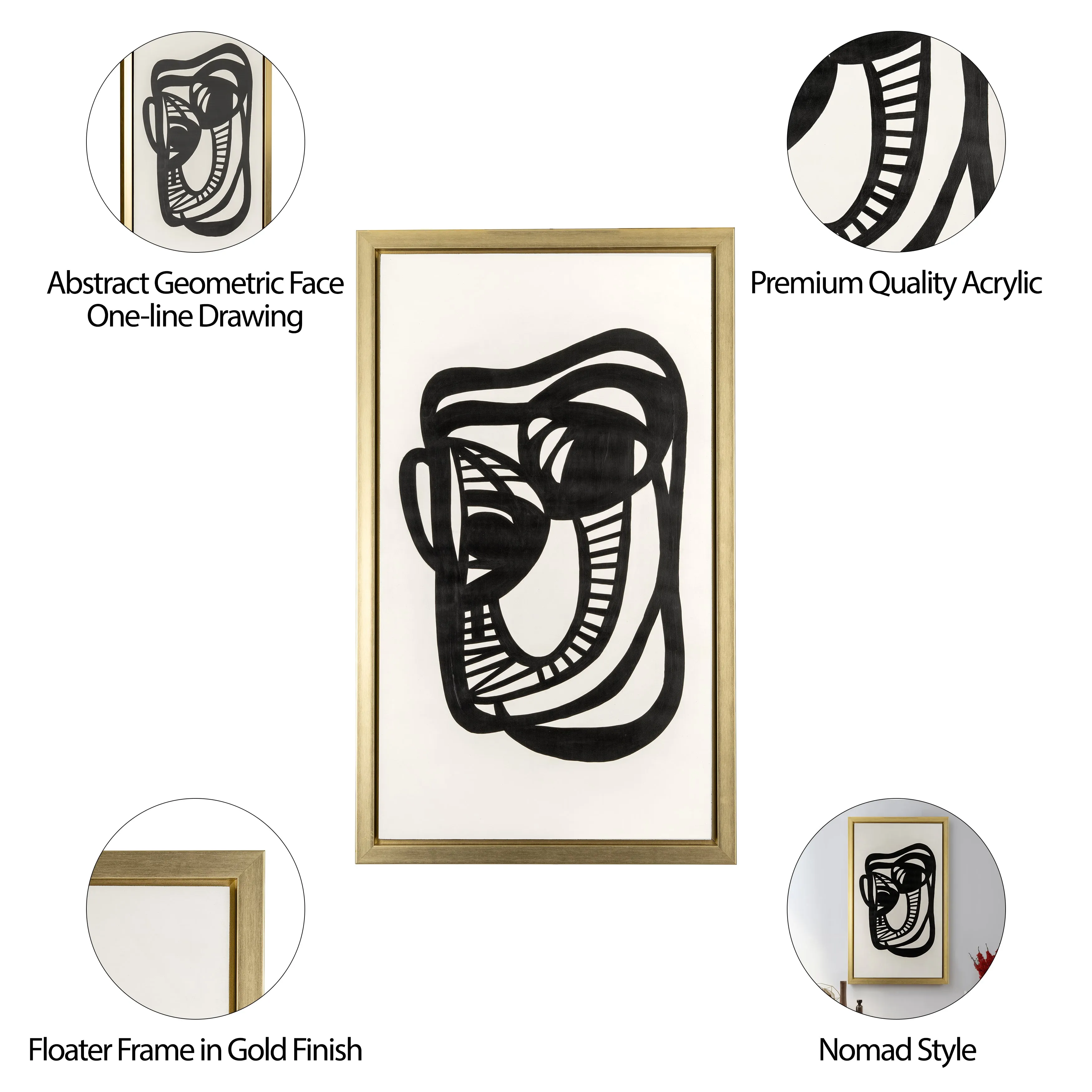 35X59, HAND PAINTED GOLD FRAME GEOMETRIC FACE, BLK