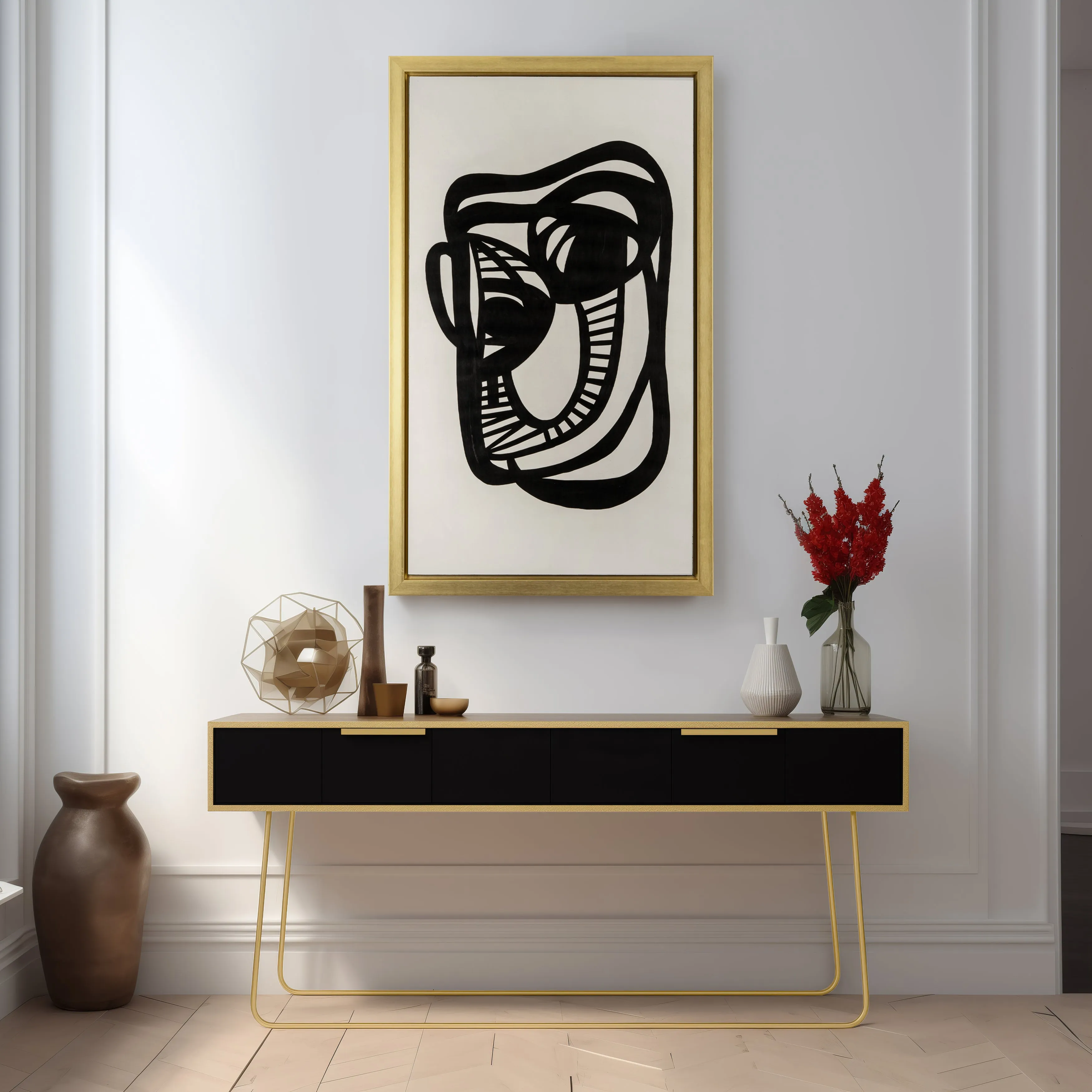35X59, HAND PAINTED GOLD FRAME GEOMETRIC FACE, BLK
