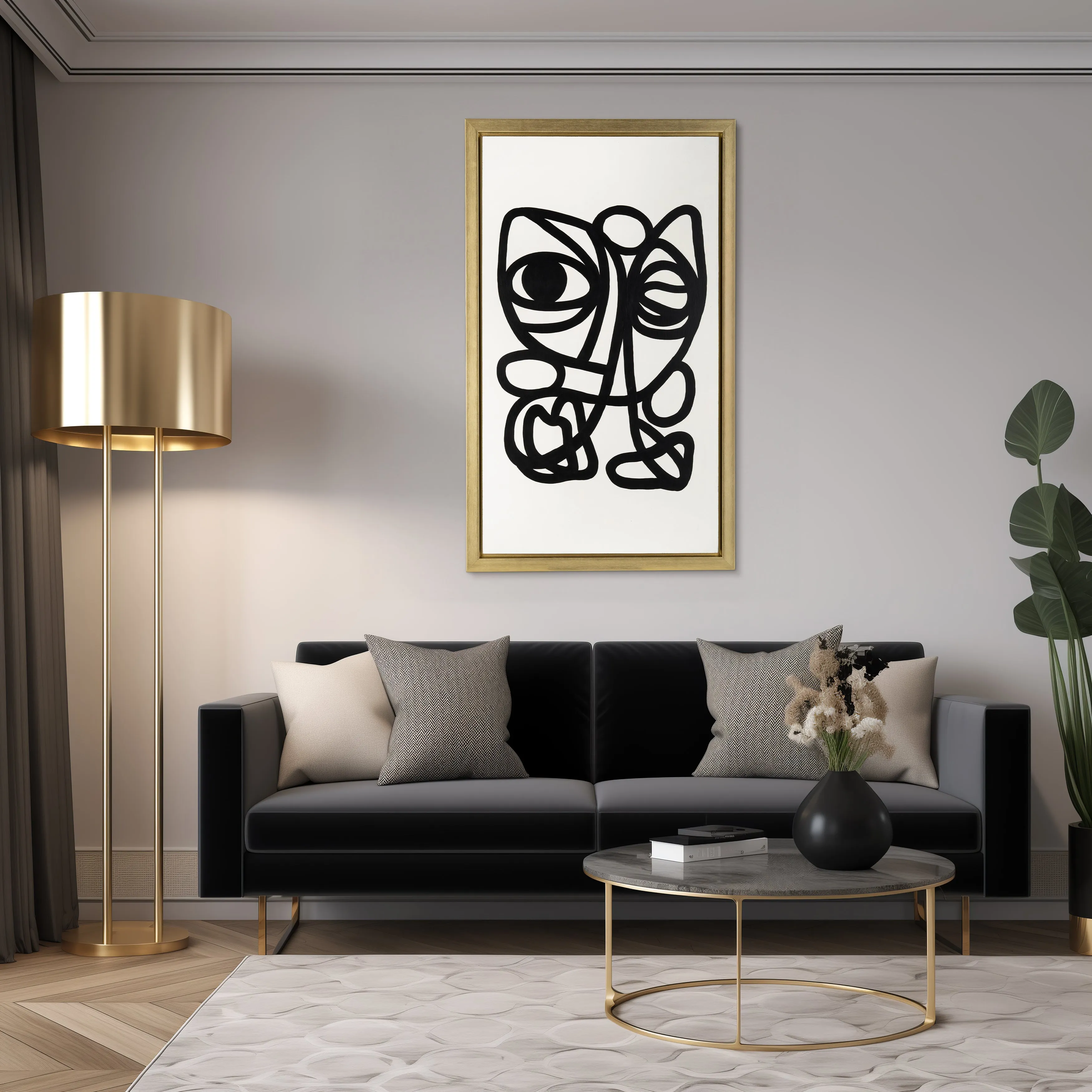 35X59, HAND PAINTED GOLD FRAME GEOMETRIC FACE, BLK