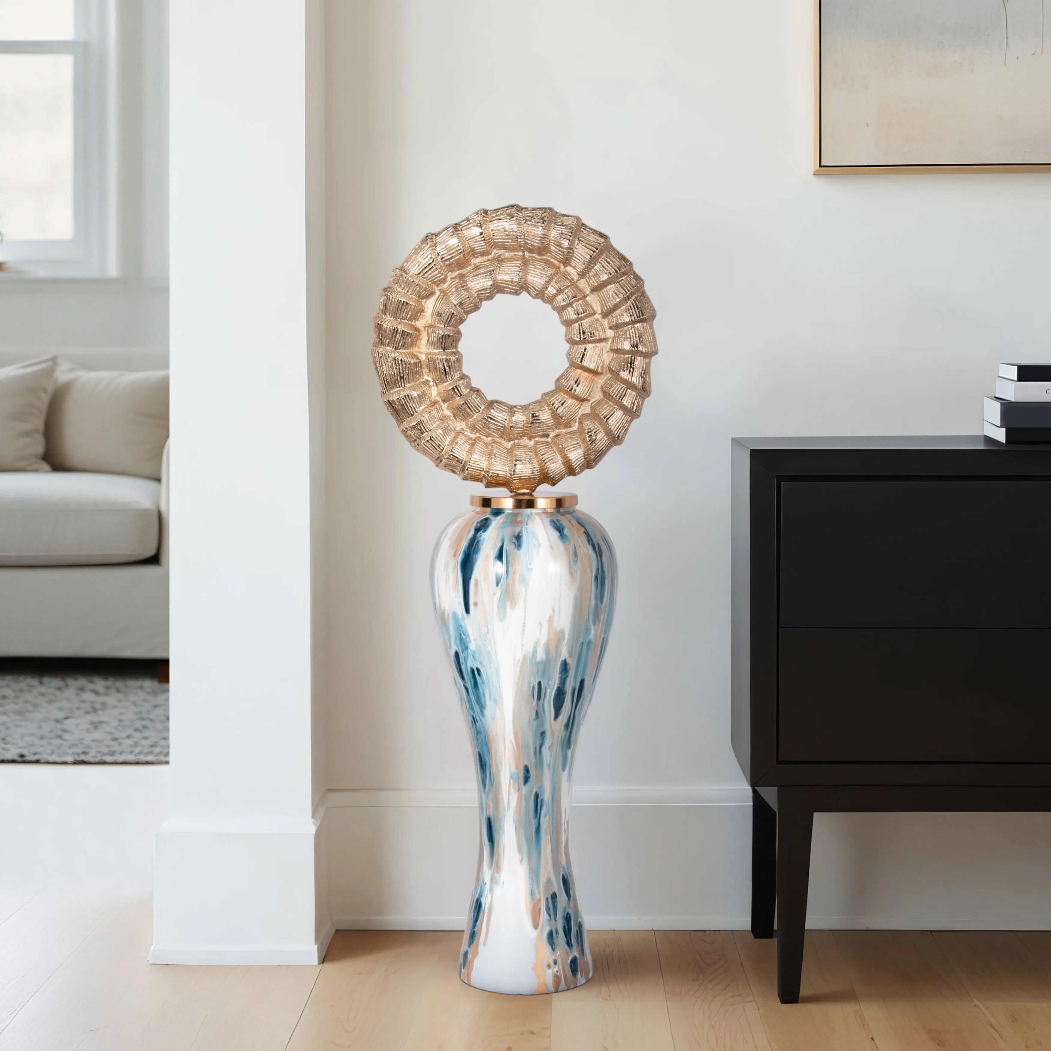 41" Blue Geo Swirl Jar W/open Metal Ring Top,multi