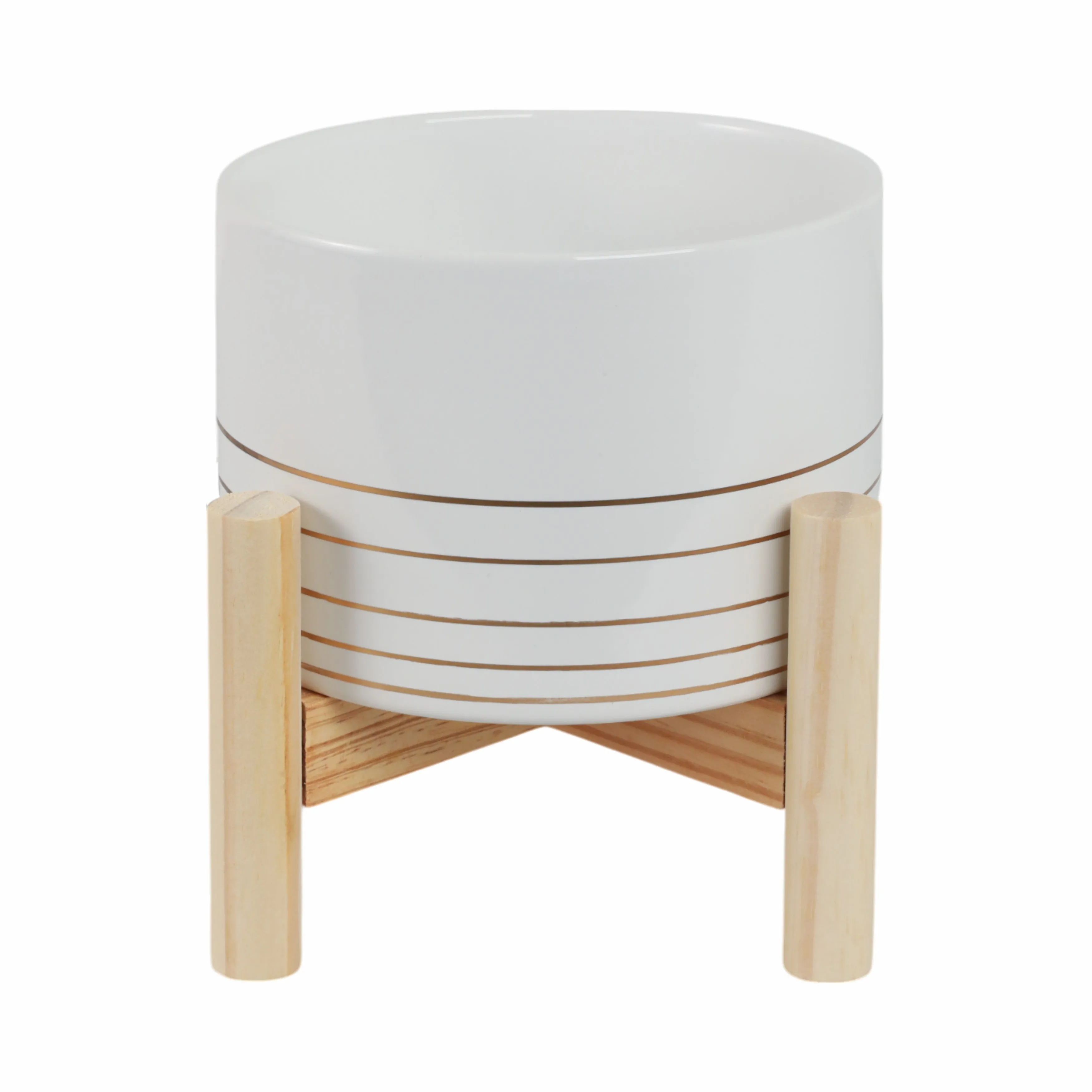 6" CERAMIC METALLIC PLANTER W/ WOOD STAND, WHITE
