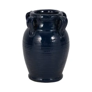 7" Terracotta Vase With Handles, Navy Blue