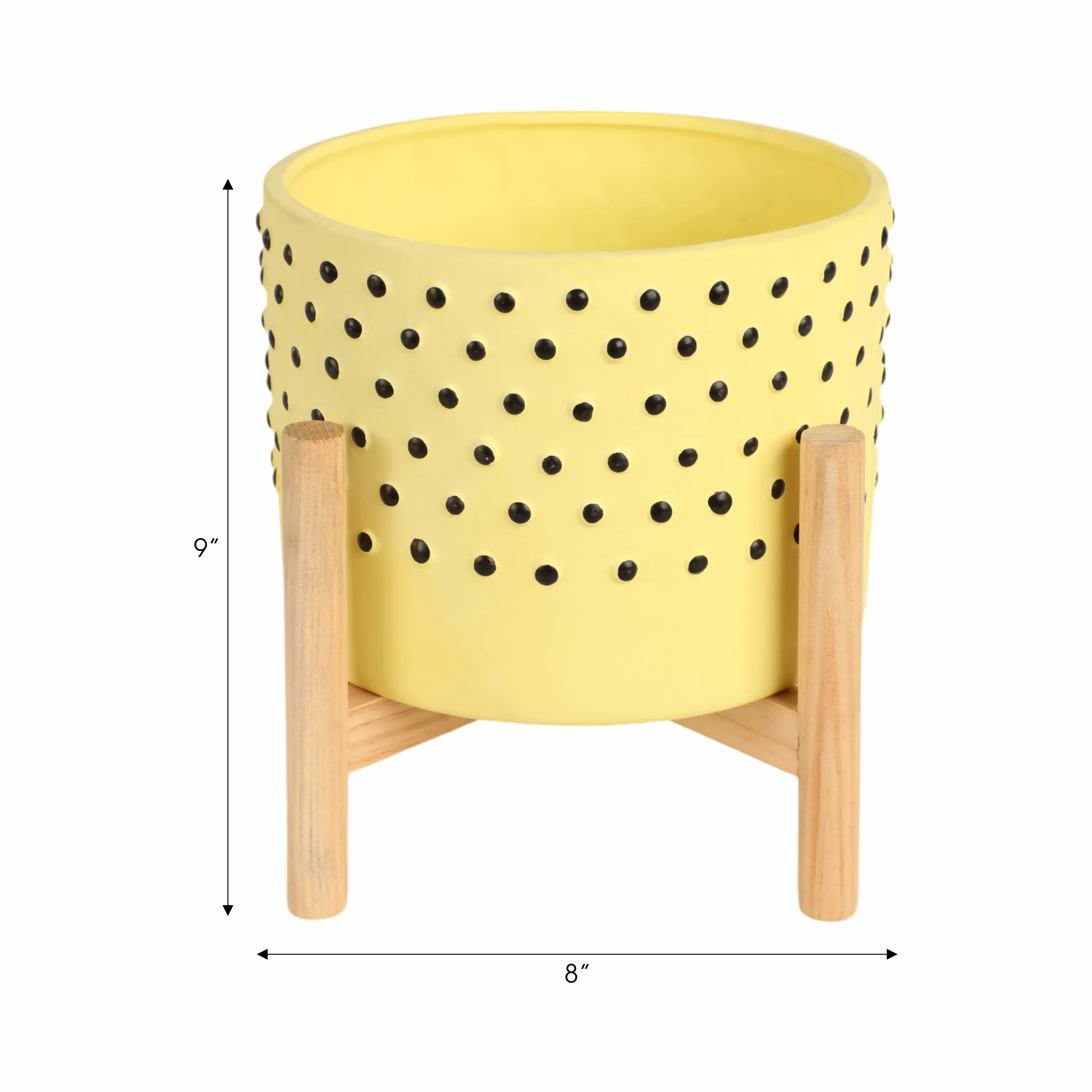 8" DOTTED PLANTER W/ WOOD STAND, YELLOW