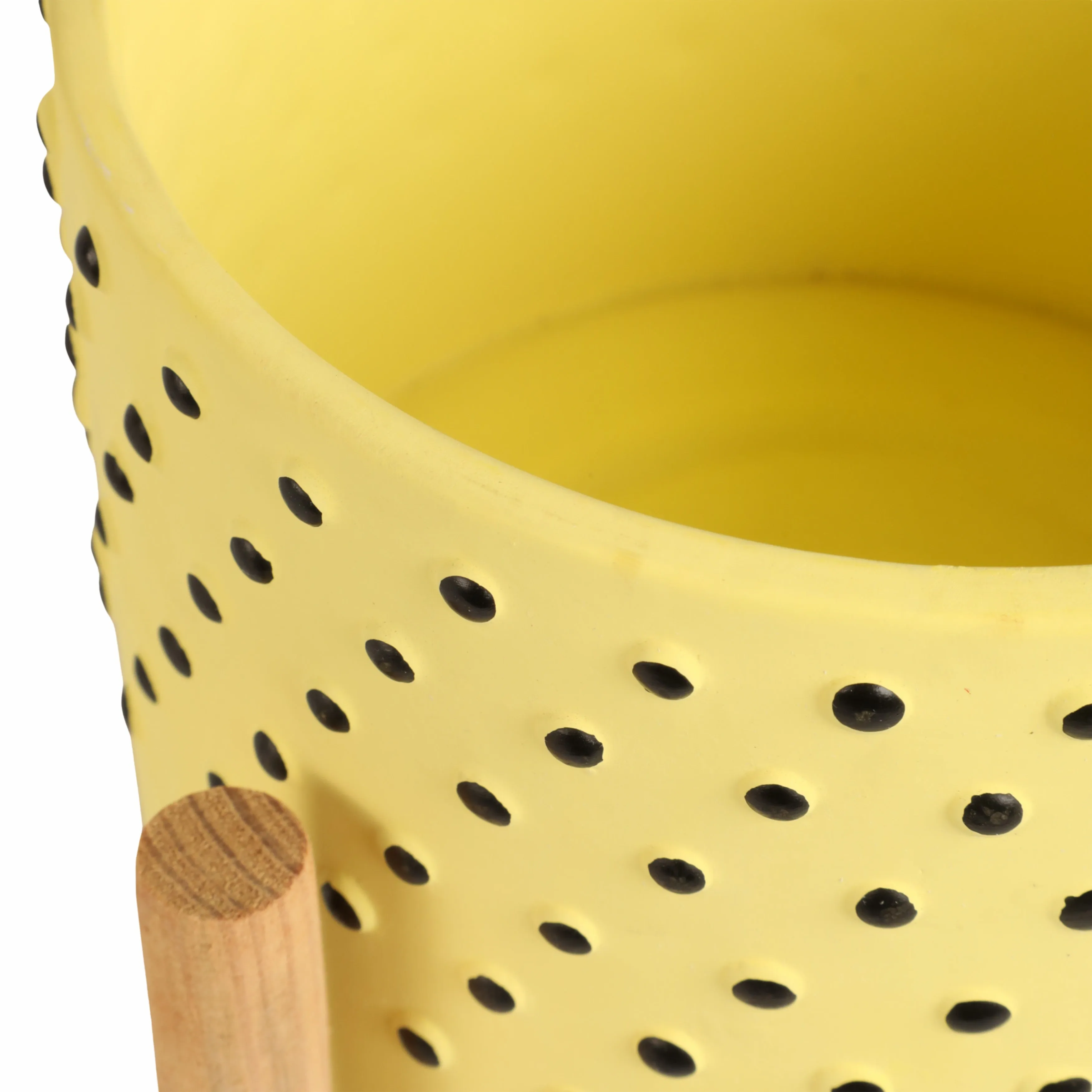 8" DOTTED PLANTER W/ WOOD STAND, YELLOW
