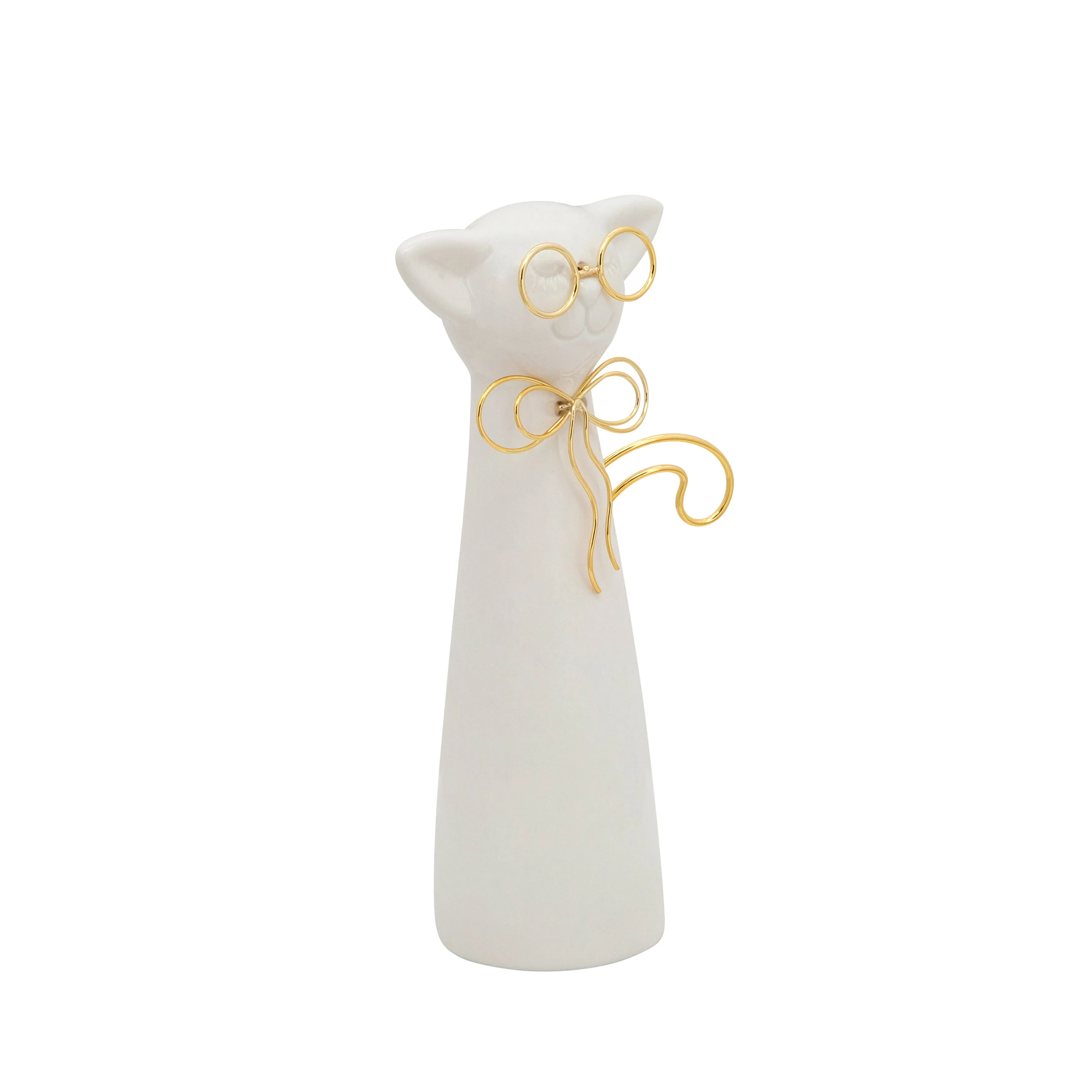 8"H CAT W/GLASSES DECO, WHITE