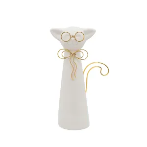 8"H CAT W/GLASSES DECO, WHITE