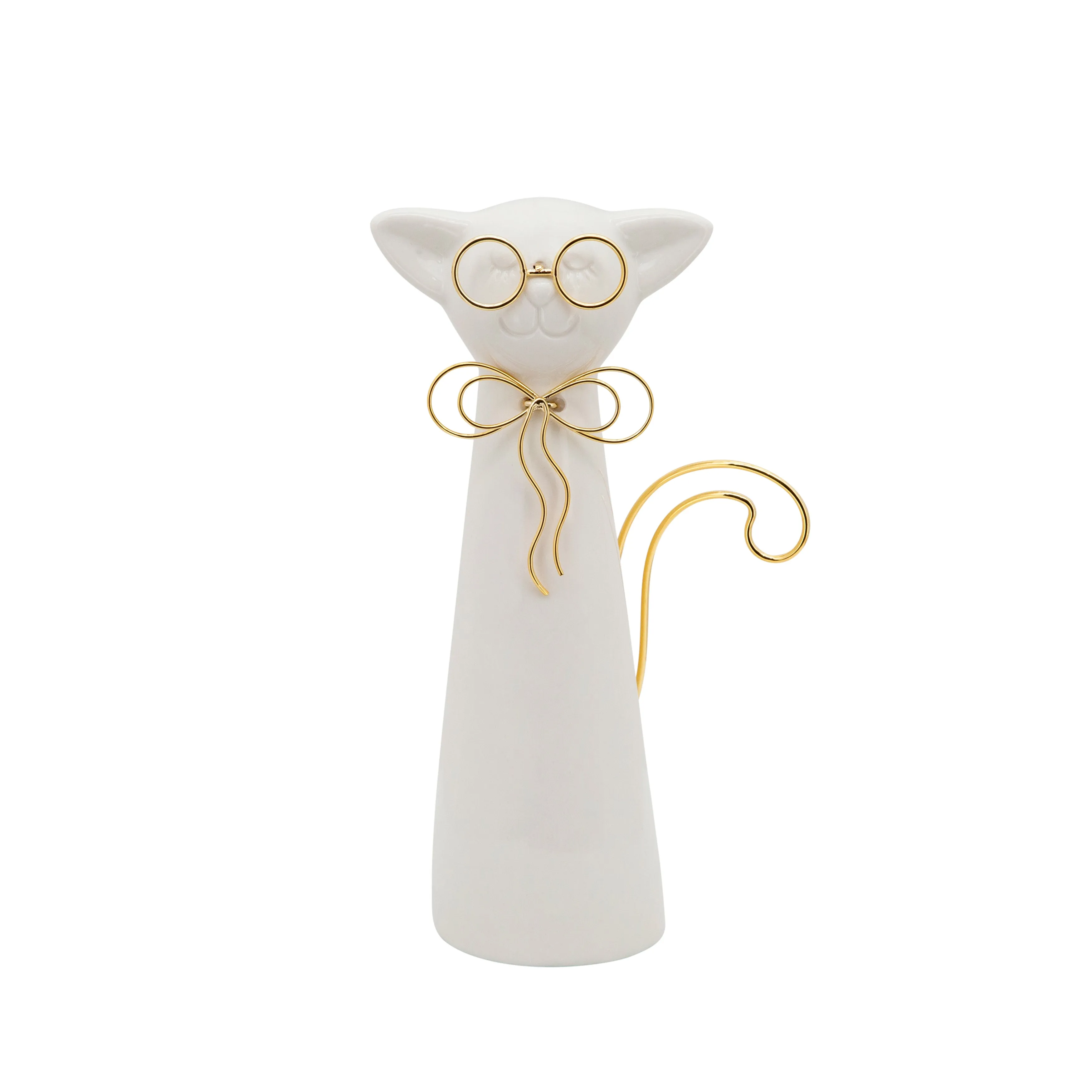 8"H CAT W/GLASSES DECO, WHITE