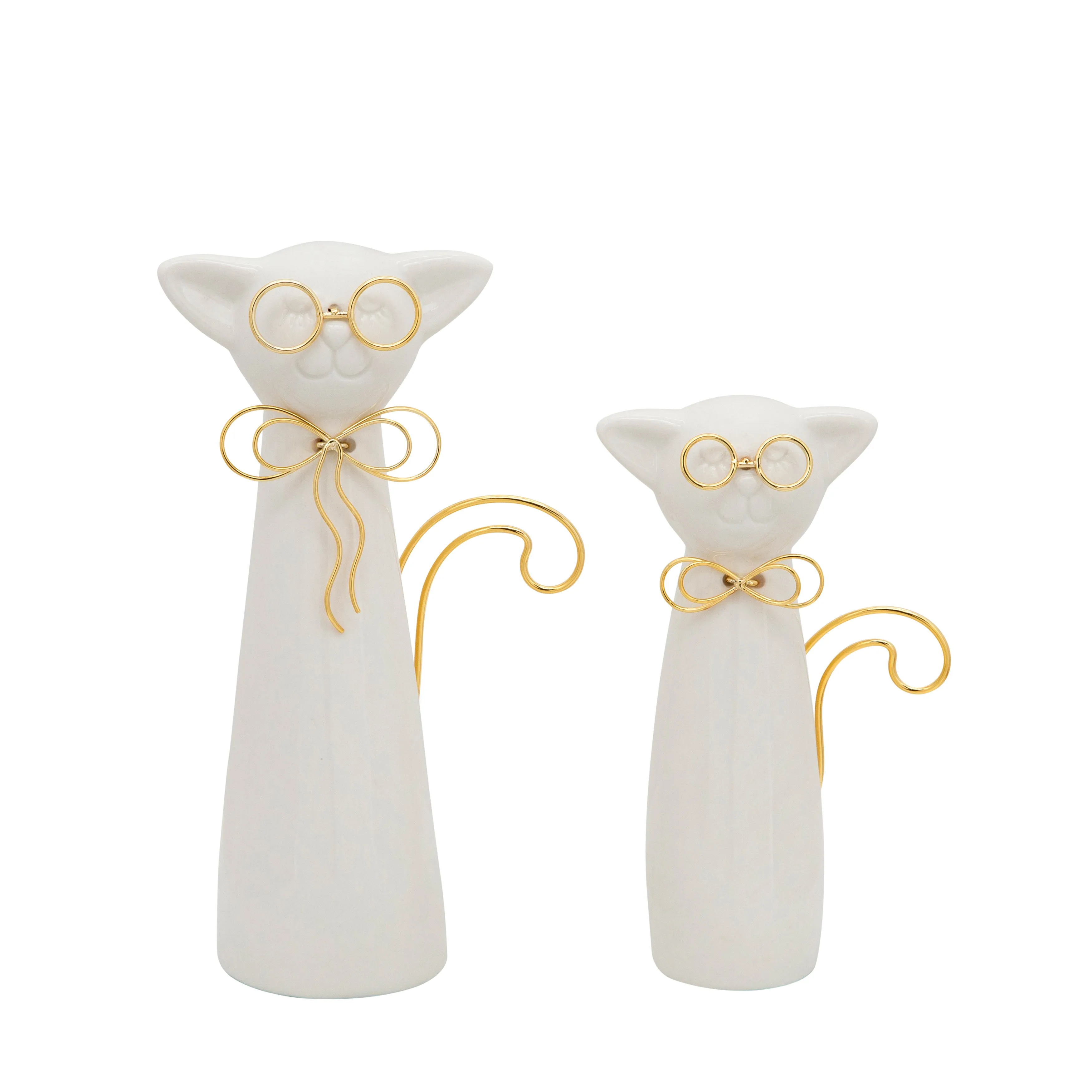 8"H CAT W/GLASSES DECO, WHITE
