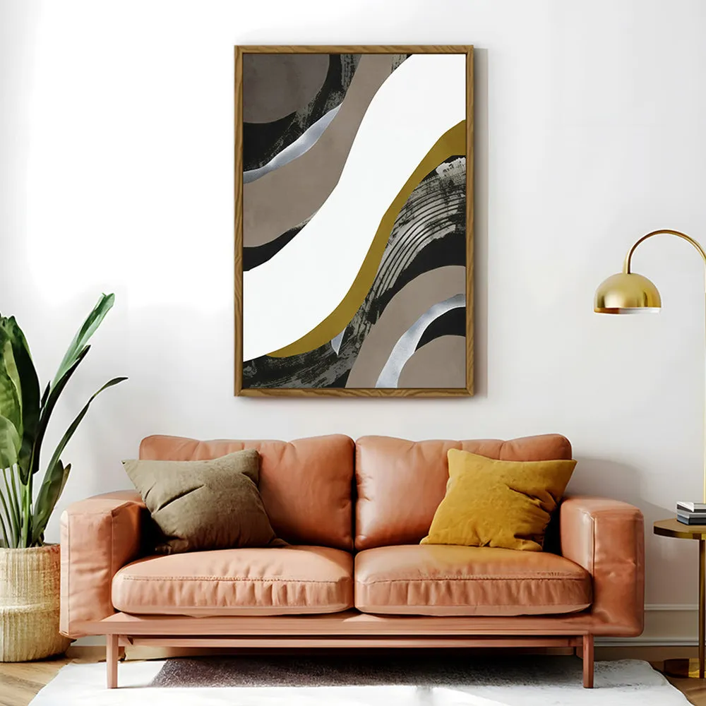 Canvas Wall Art Stretched Over Wooden Frame with Floating Frame and Brown Waves Abstract Painting CV4137