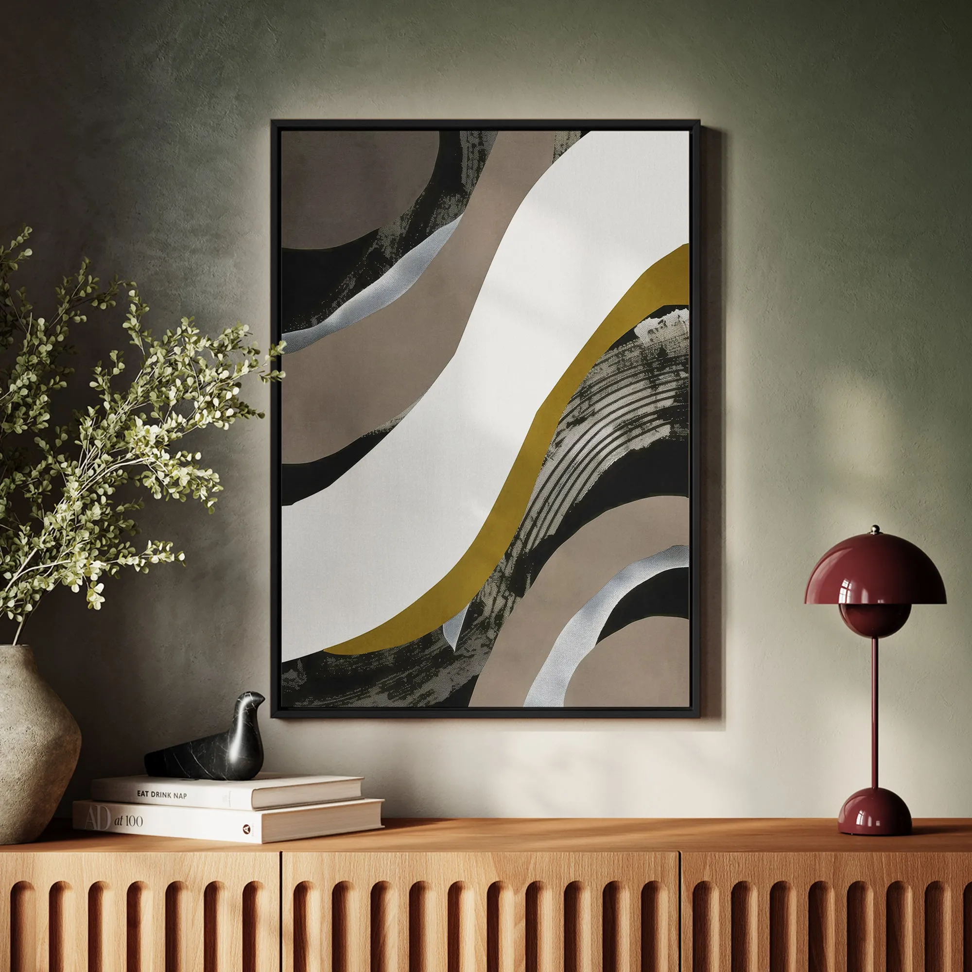 Canvas Wall Art Stretched Over Wooden Frame with Floating Frame and Brown Waves Abstract Painting CV4137