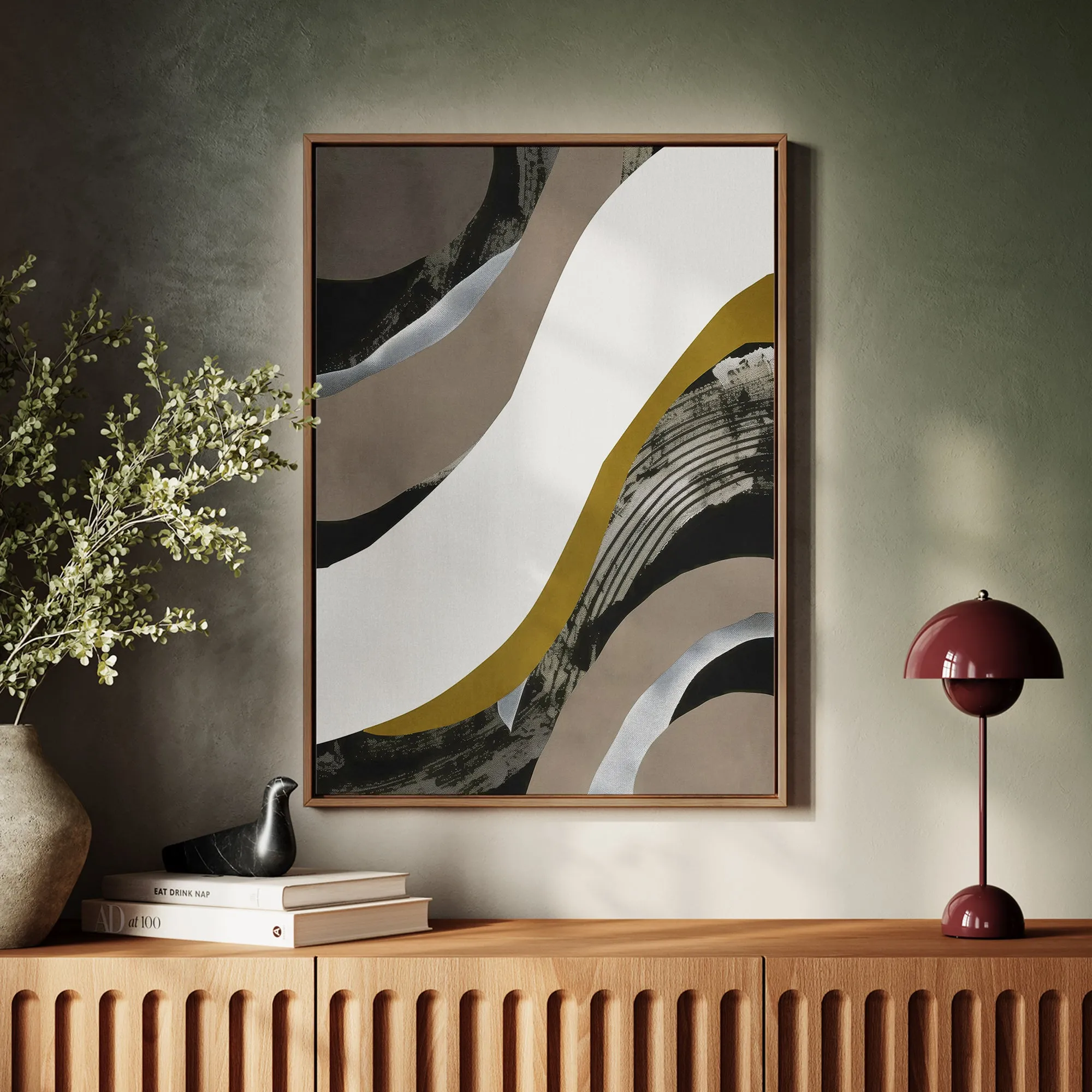 Canvas Wall Art Stretched Over Wooden Frame with Floating Frame and Brown Waves Abstract Painting CV4137