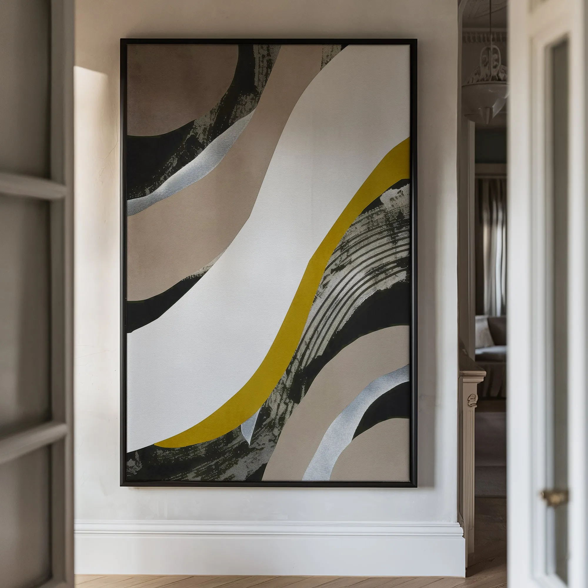 Canvas Wall Art Stretched Over Wooden Frame with Floating Frame and Brown Waves Abstract Painting CV4137