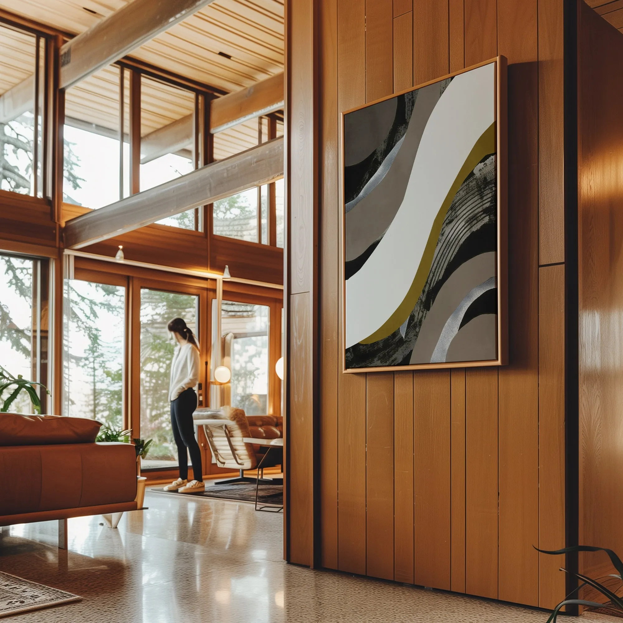 Canvas Wall Art Stretched Over Wooden Frame with Floating Frame and Brown Waves Abstract Painting CV4137