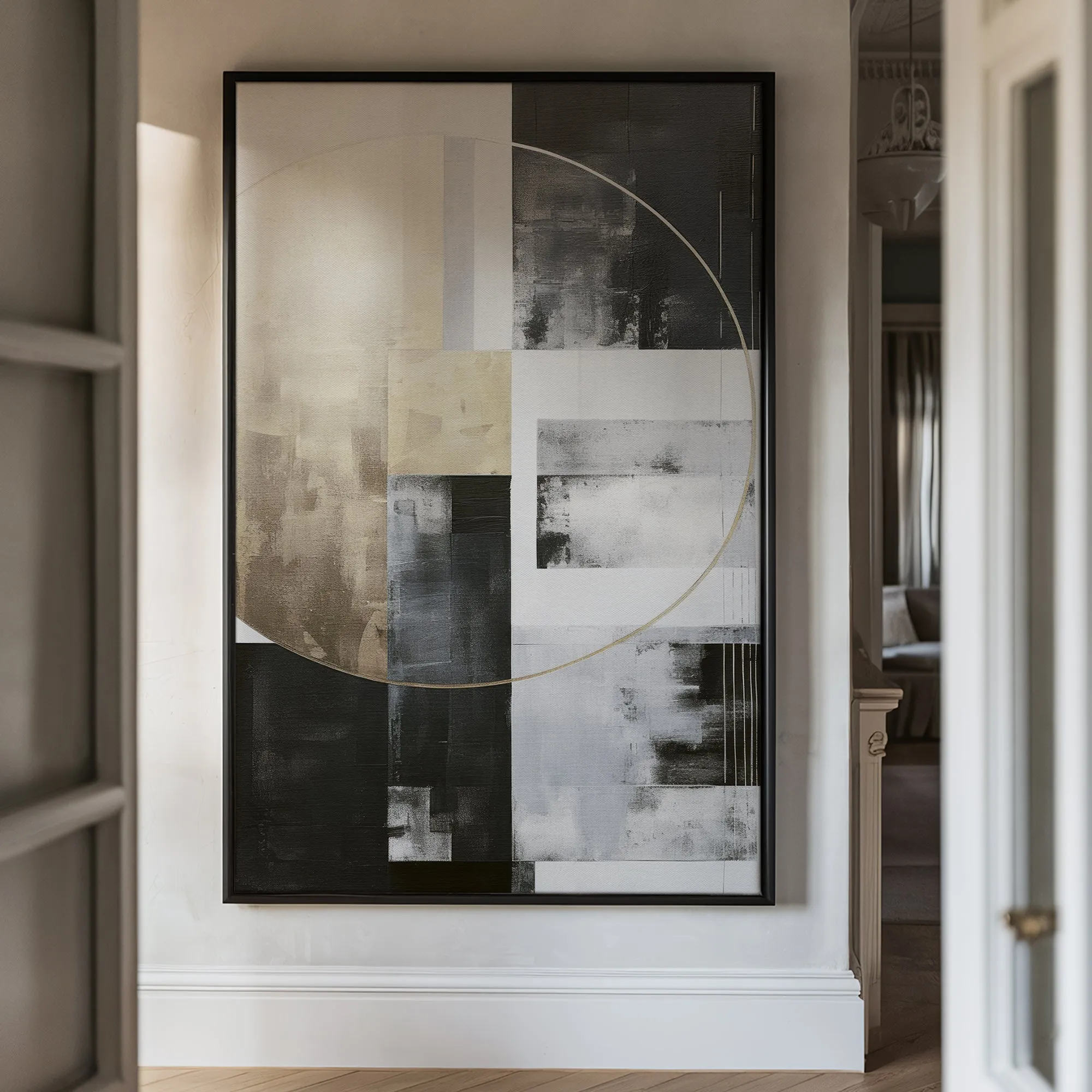 Canvas Wall Art Stretched Over Wooden Frame with Floating Frame and Gold Circle Painting CV4159