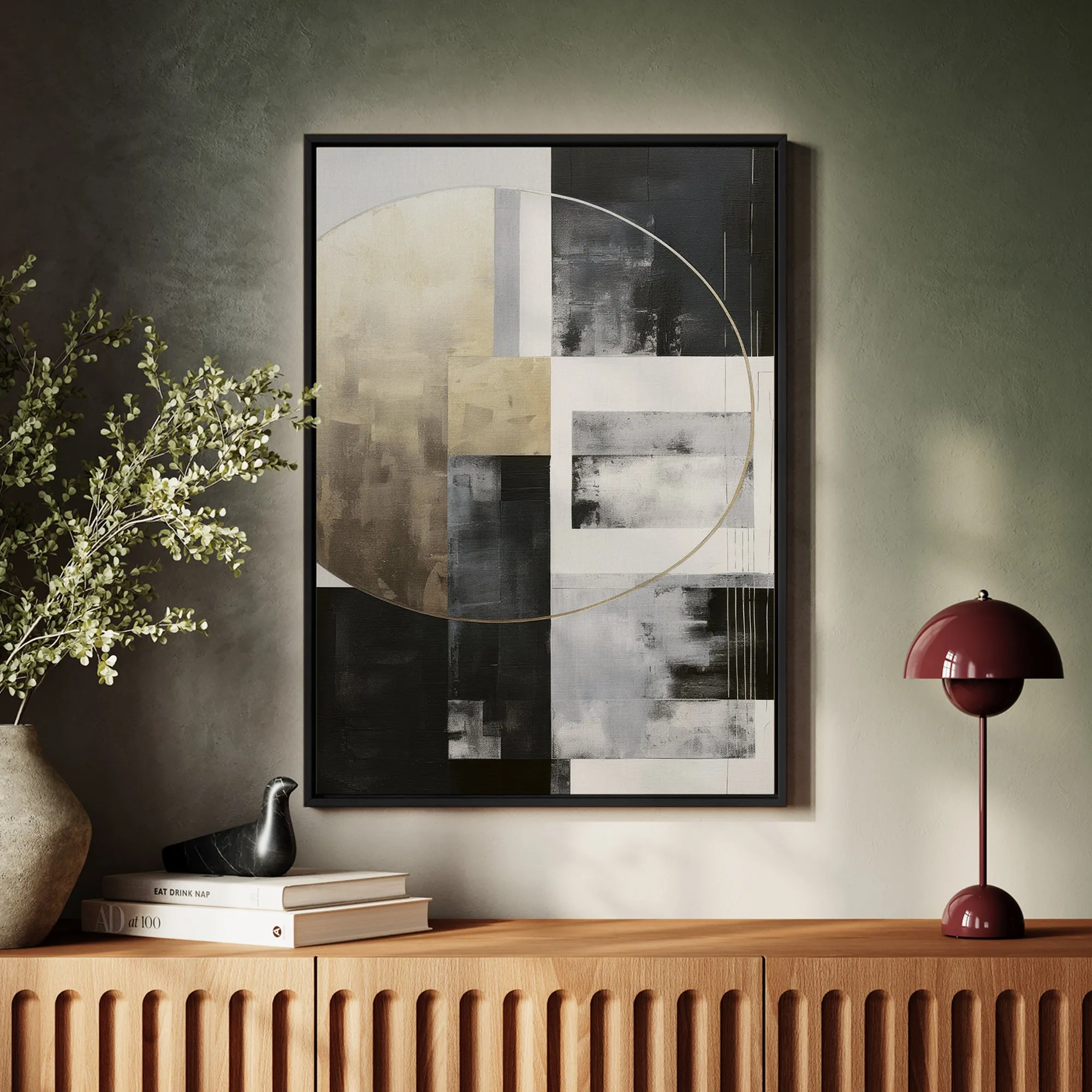Canvas Wall Art Stretched Over Wooden Frame with Floating Frame and Gold Circle Painting CV4159