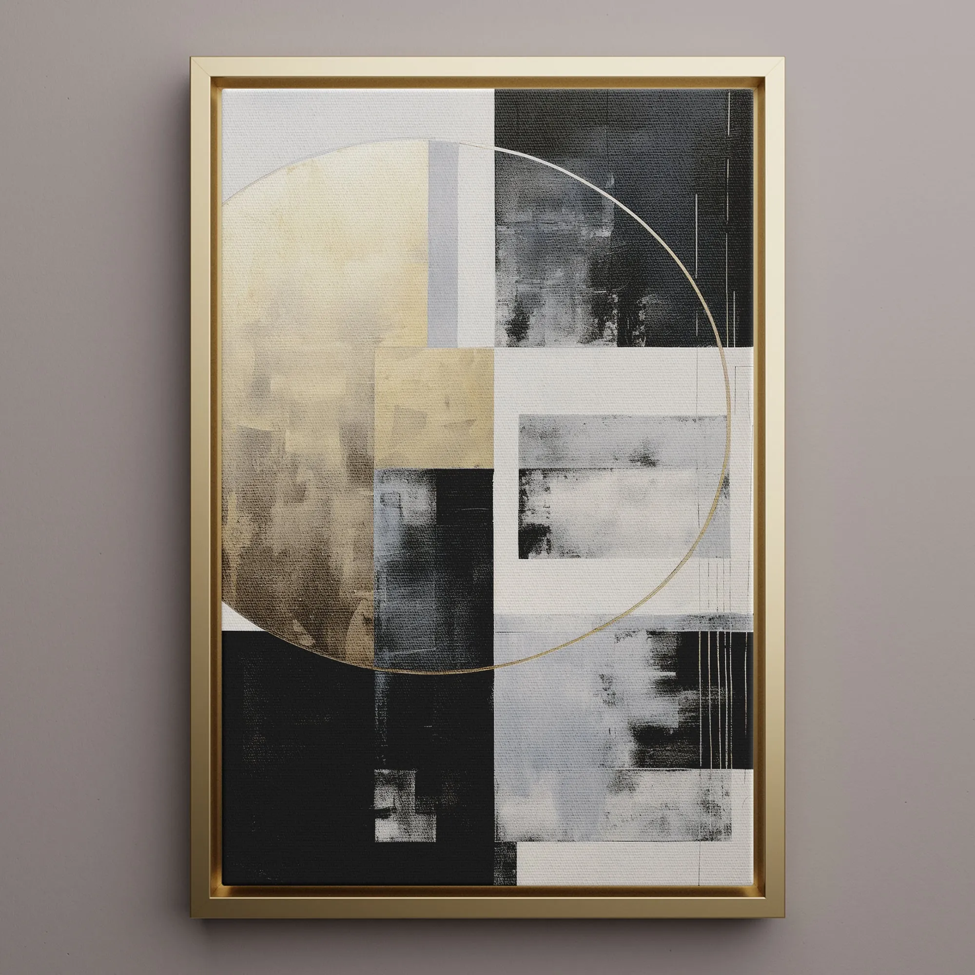 Canvas Wall Art Stretched Over Wooden Frame with Floating Frame and Gold Circle Painting CV4159