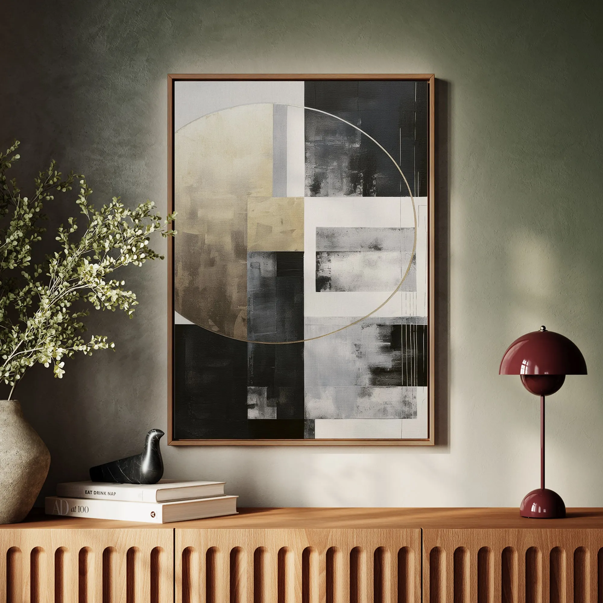 Canvas Wall Art Stretched Over Wooden Frame with Floating Frame and Gold Circle Painting CV4159
