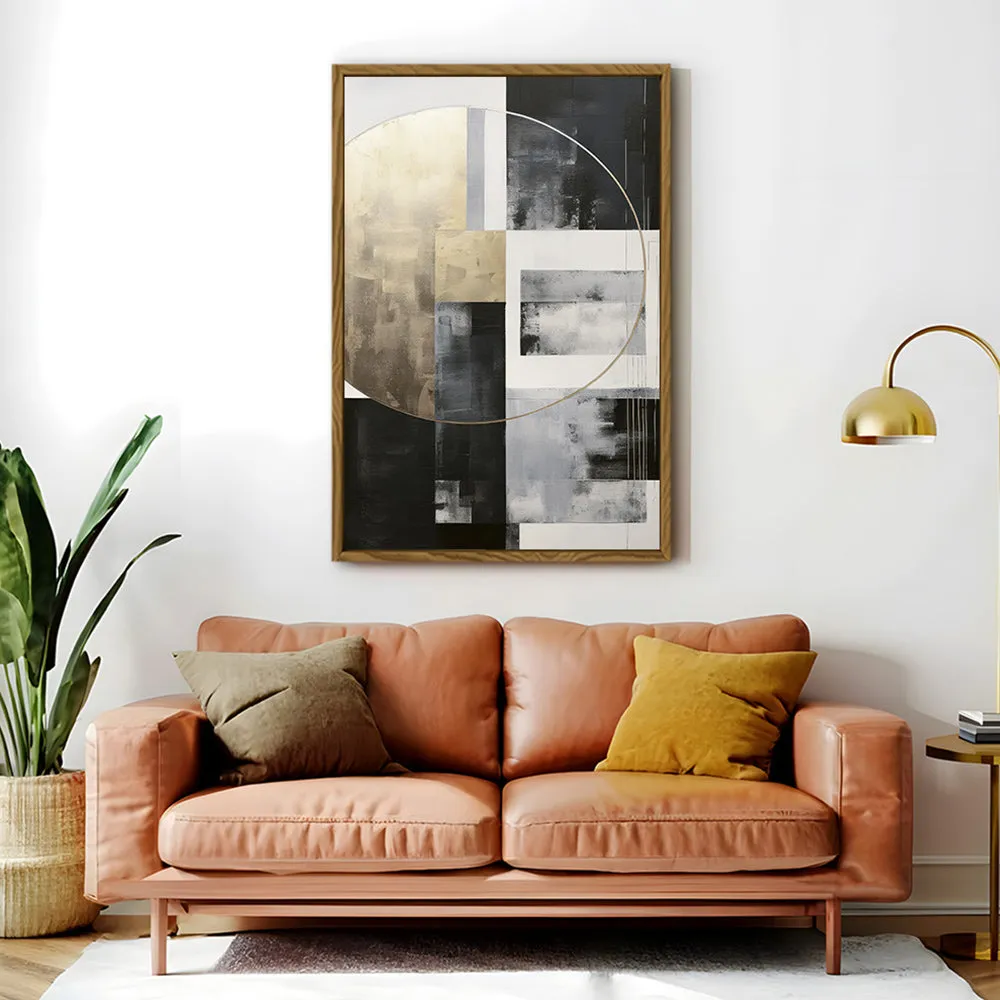 Canvas Wall Art Stretched Over Wooden Frame with Floating Frame and Gold Circle Painting CV4159