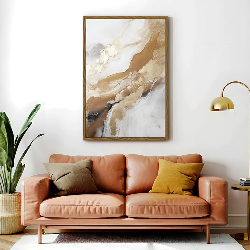 Canvas Wall Art Stretched Over Wooden Frame with Floating Frame and Gold Marble Painting CV4162