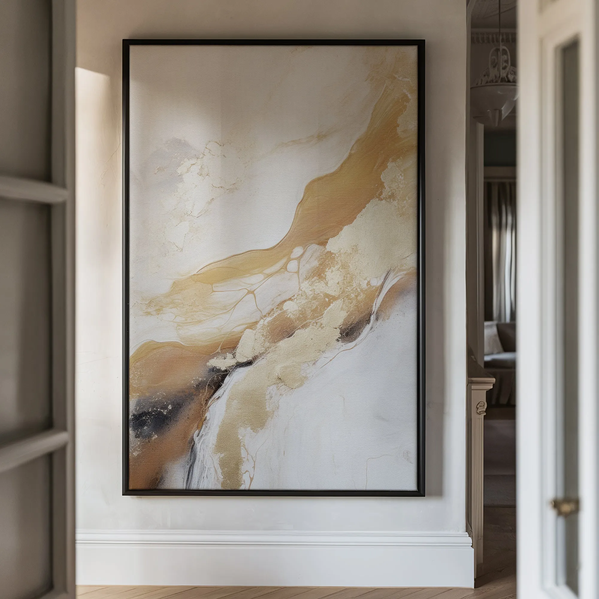 Canvas Wall Art Stretched Over Wooden Frame with Floating Frame and Gold Marble Painting CV4162
