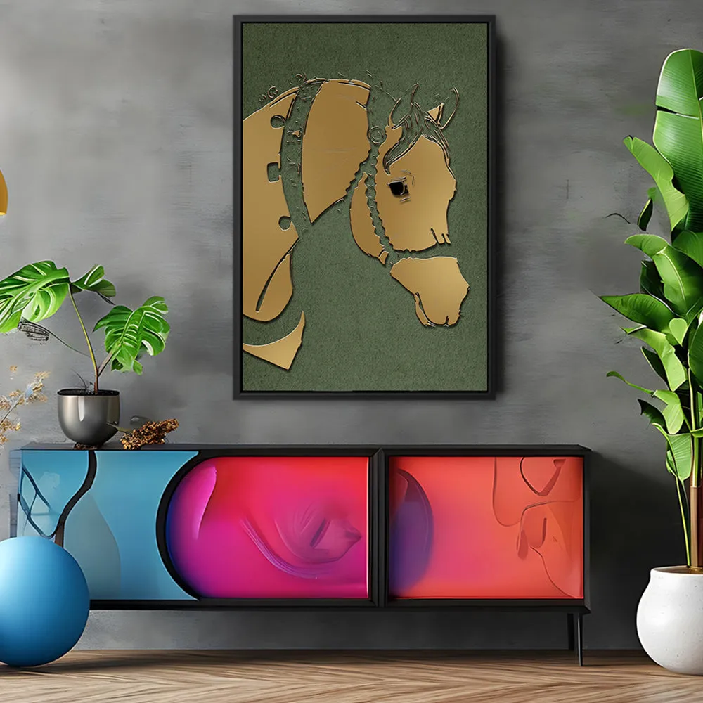 Canvas Wall Art Stretched Over Wooden Frame with Floating Frame and Golden Horse Abstract Painting CV4172