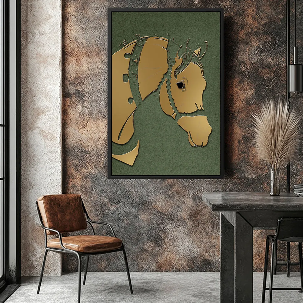 Canvas Wall Art Stretched Over Wooden Frame with Floating Frame and Golden Horse Abstract Painting CV4172