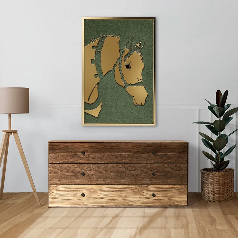 Canvas Wall Art Stretched Over Wooden Frame with Floating Frame and Golden Horse Abstract Painting CV4172