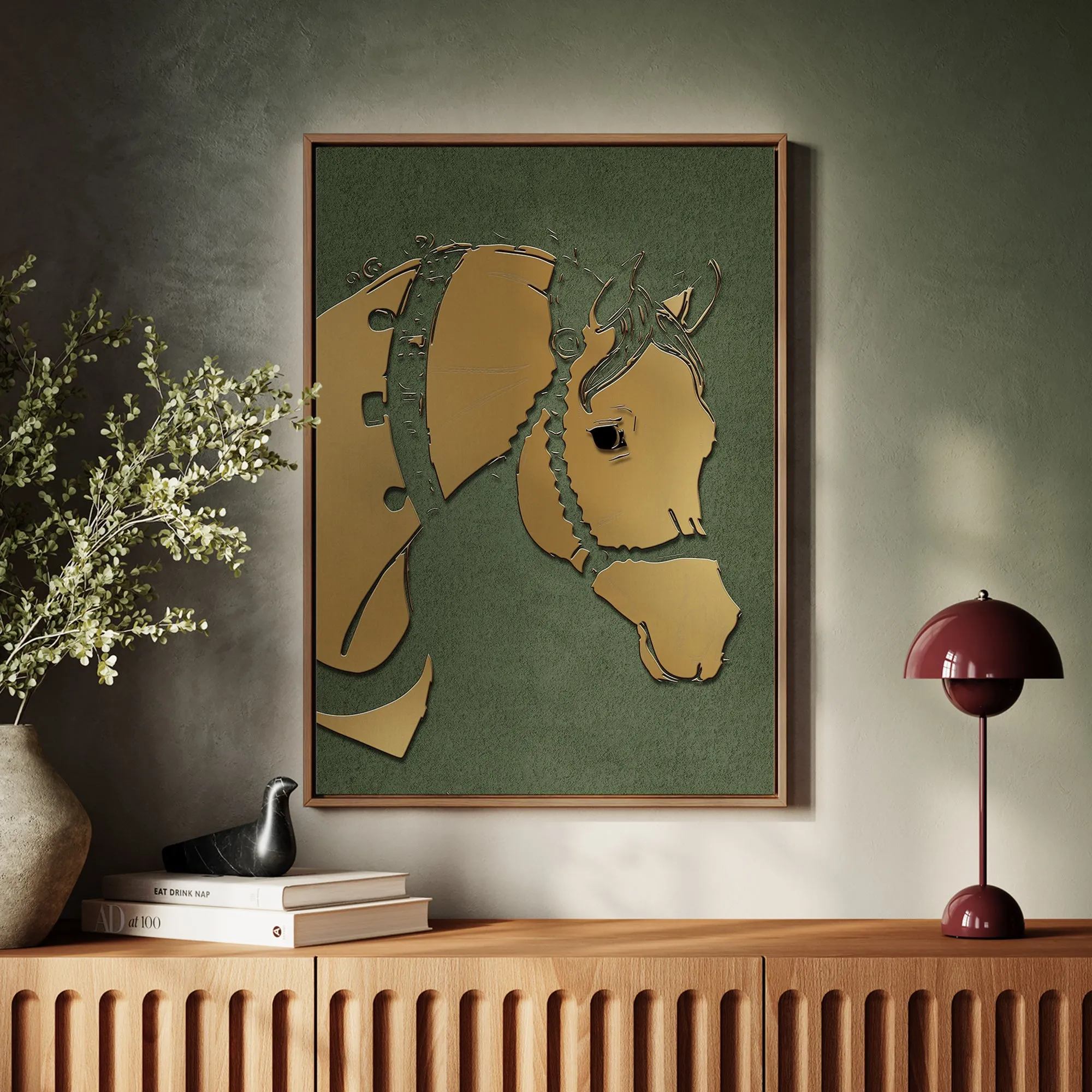 Canvas Wall Art Stretched Over Wooden Frame with Floating Frame and Golden Horse Abstract Painting CV4172