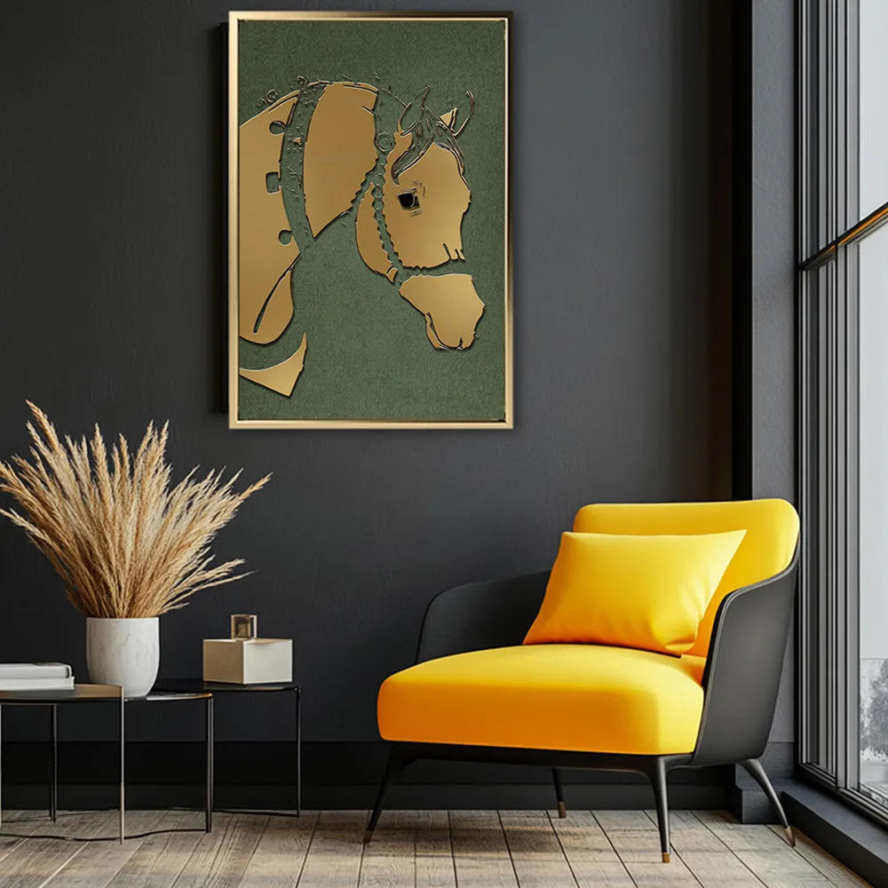 Canvas Wall Art Stretched Over Wooden Frame with Floating Frame and Golden Horse Abstract Painting CV4172