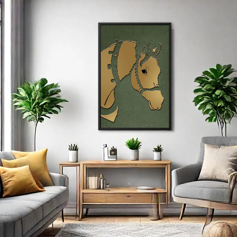 Canvas Wall Art Stretched Over Wooden Frame with Floating Frame and Golden Horse Abstract Painting CV4172