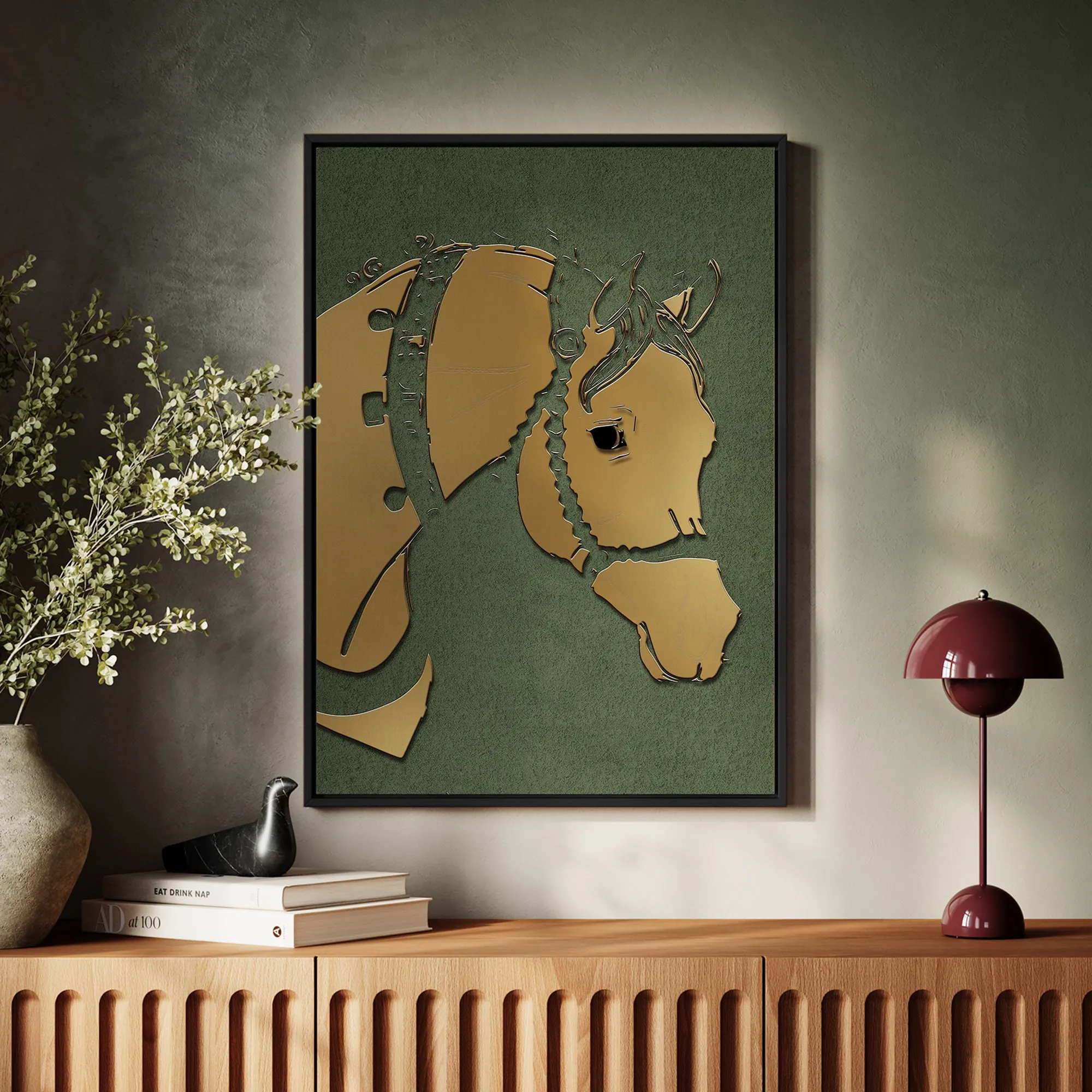 Canvas Wall Art Stretched Over Wooden Frame with Floating Frame and Golden Horse Abstract Painting CV4172