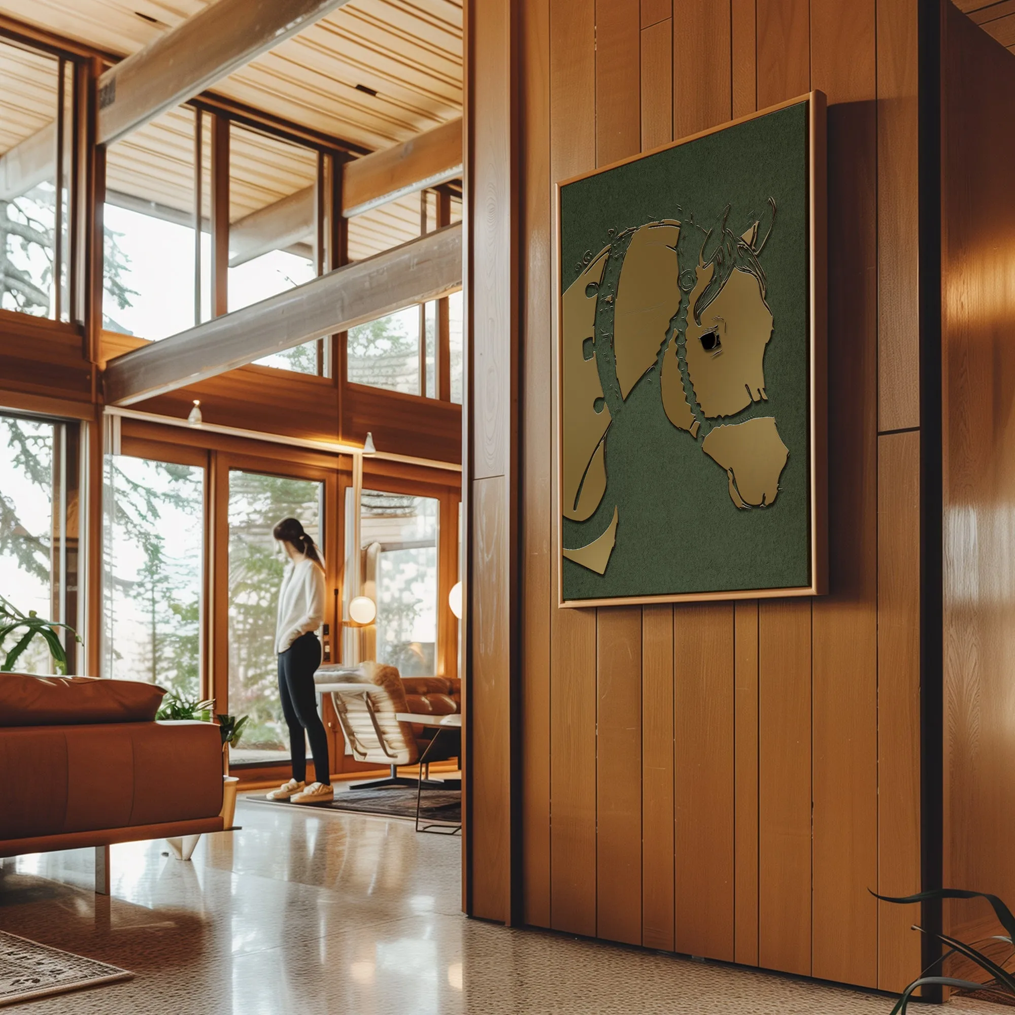 Canvas Wall Art Stretched Over Wooden Frame with Floating Frame and Golden Horse Abstract Painting CV4172